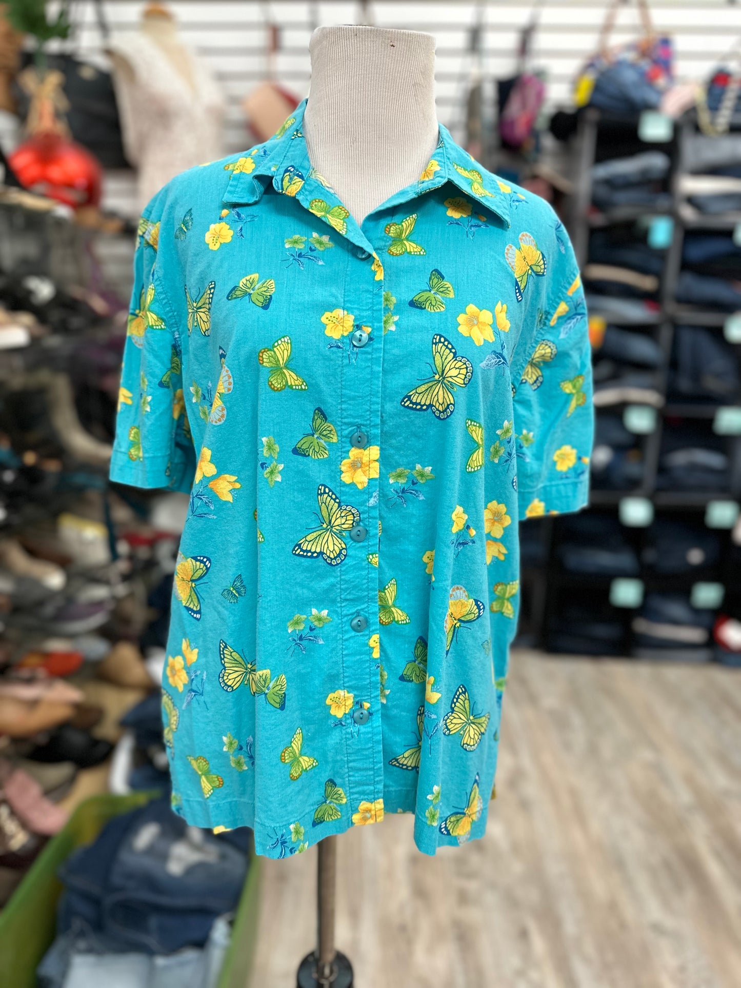 Coppagallo Blue Butterfly Button Down in XL