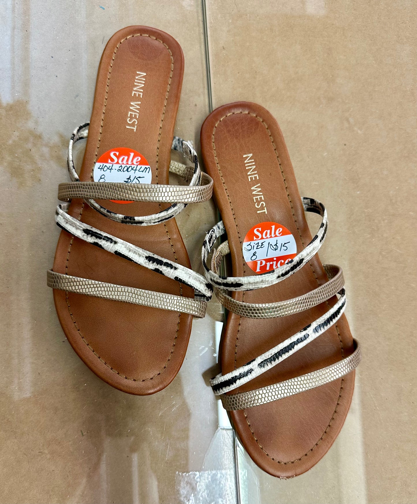 Nine West Strappy Gold Black Ivory Snakeskin Slide Sandals- 8M