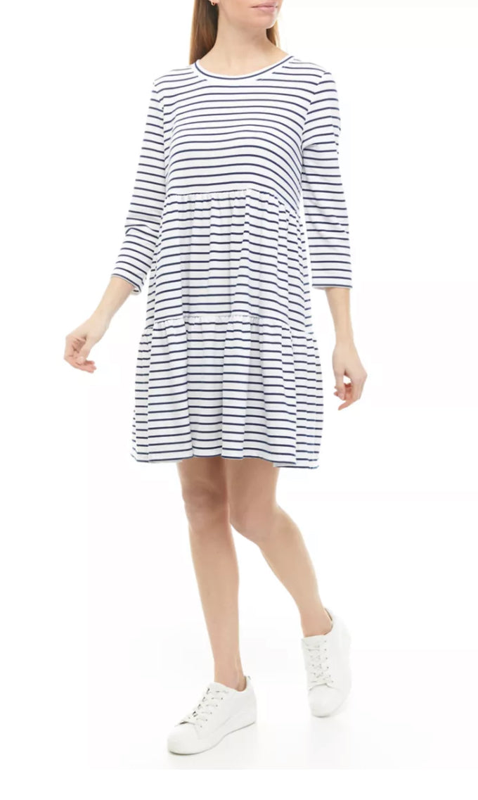 Belk Crown & Ivy Navy Blue White Striped 3/4 Sleeve Tiered Dress Size Small