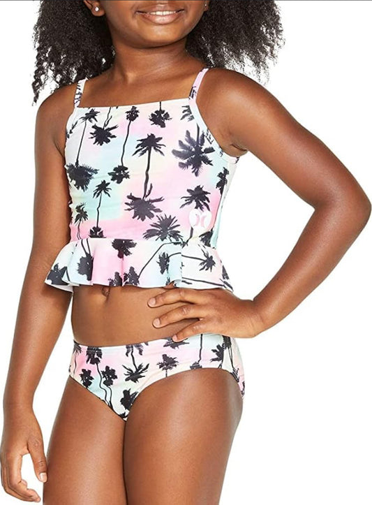 NEW Hurley Girl's UPF 50+ Palm Tree Rainbow Tankini Swimsuit Set Size 14/16