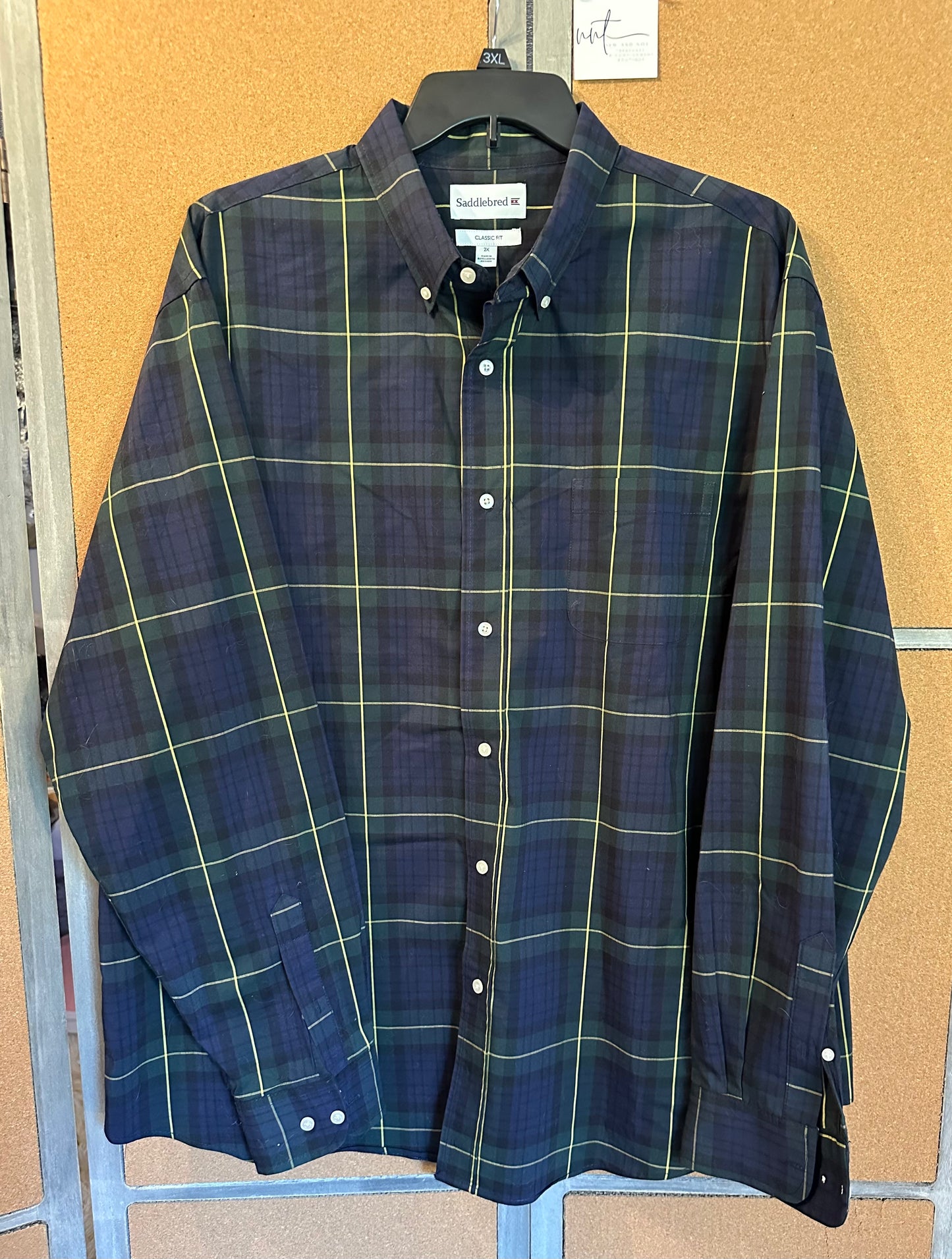 Saddlebred Men's Long Sleeve Button Down Shirt Blue Green Plaid Collar Size 2X