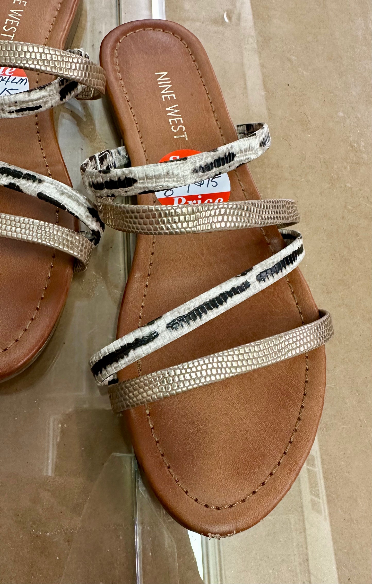 Nine West Strappy Gold Black Ivory Snakeskin Slide Sandals- 8M