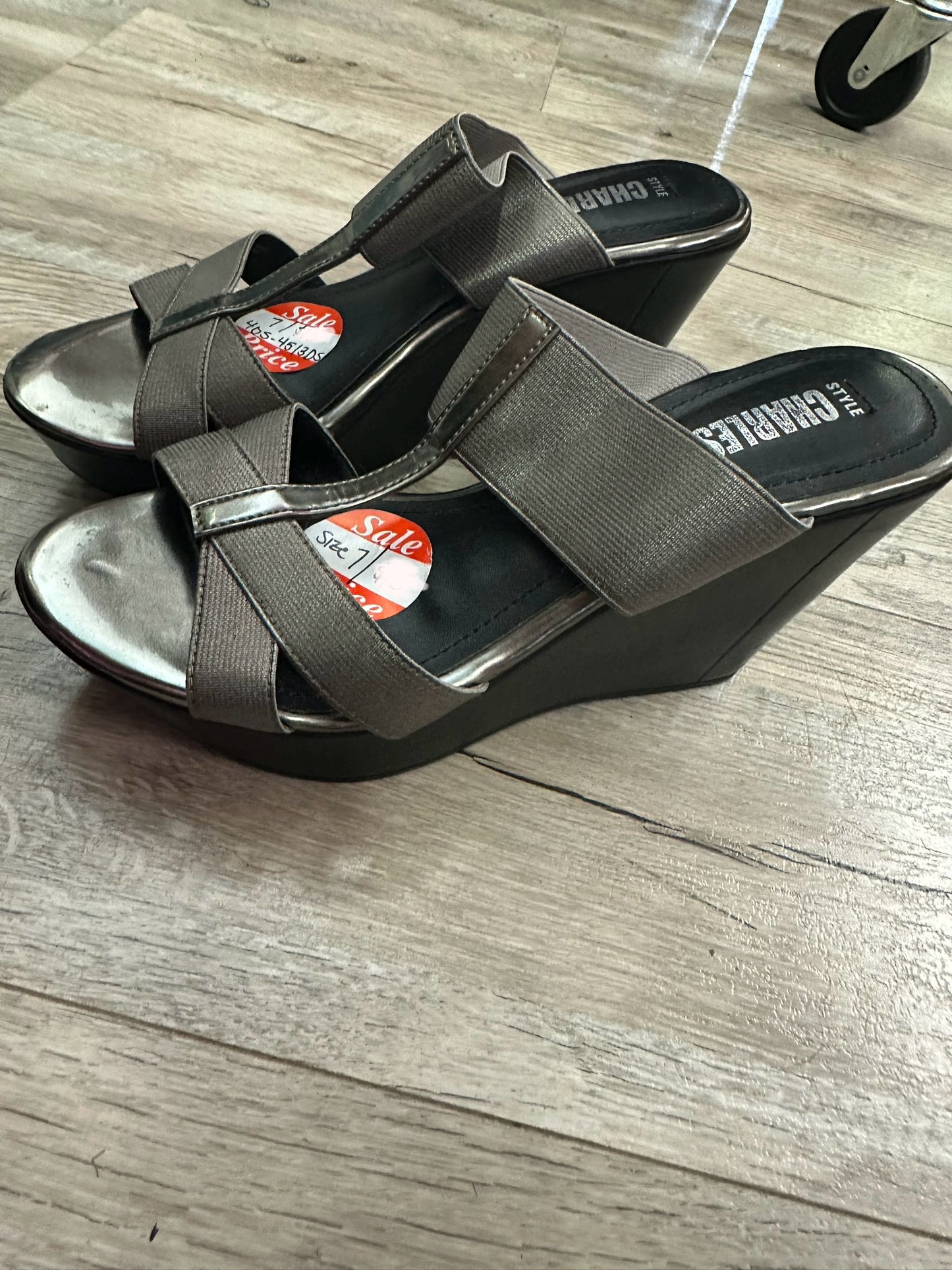 CHARLES DAVID US Size 7 Gray Pewter Strappy Plaform Wedge Heel Sandals Shoes