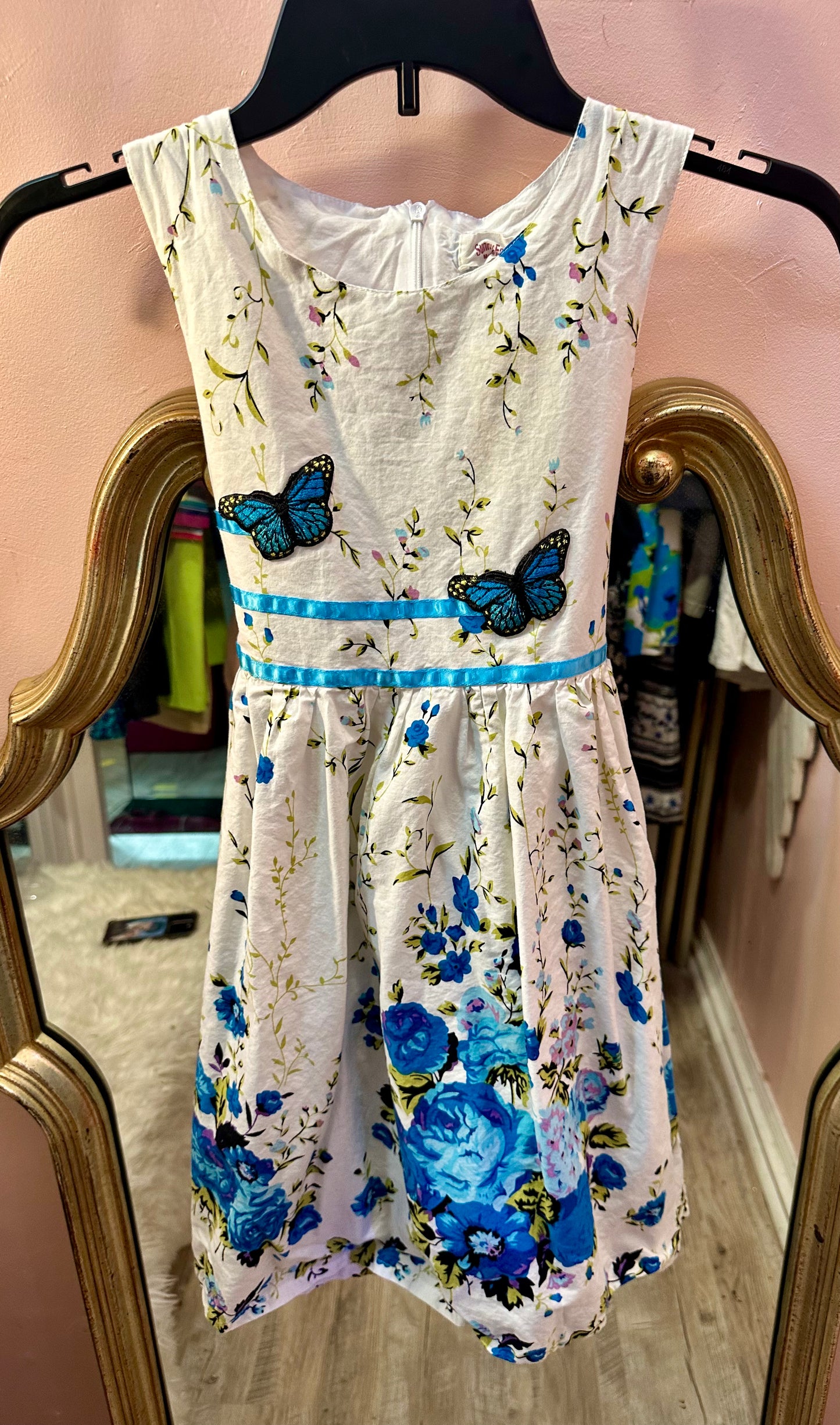Sunny Fashion Girls Dress Blue Butterfly Floral Casual Party Size 9/10