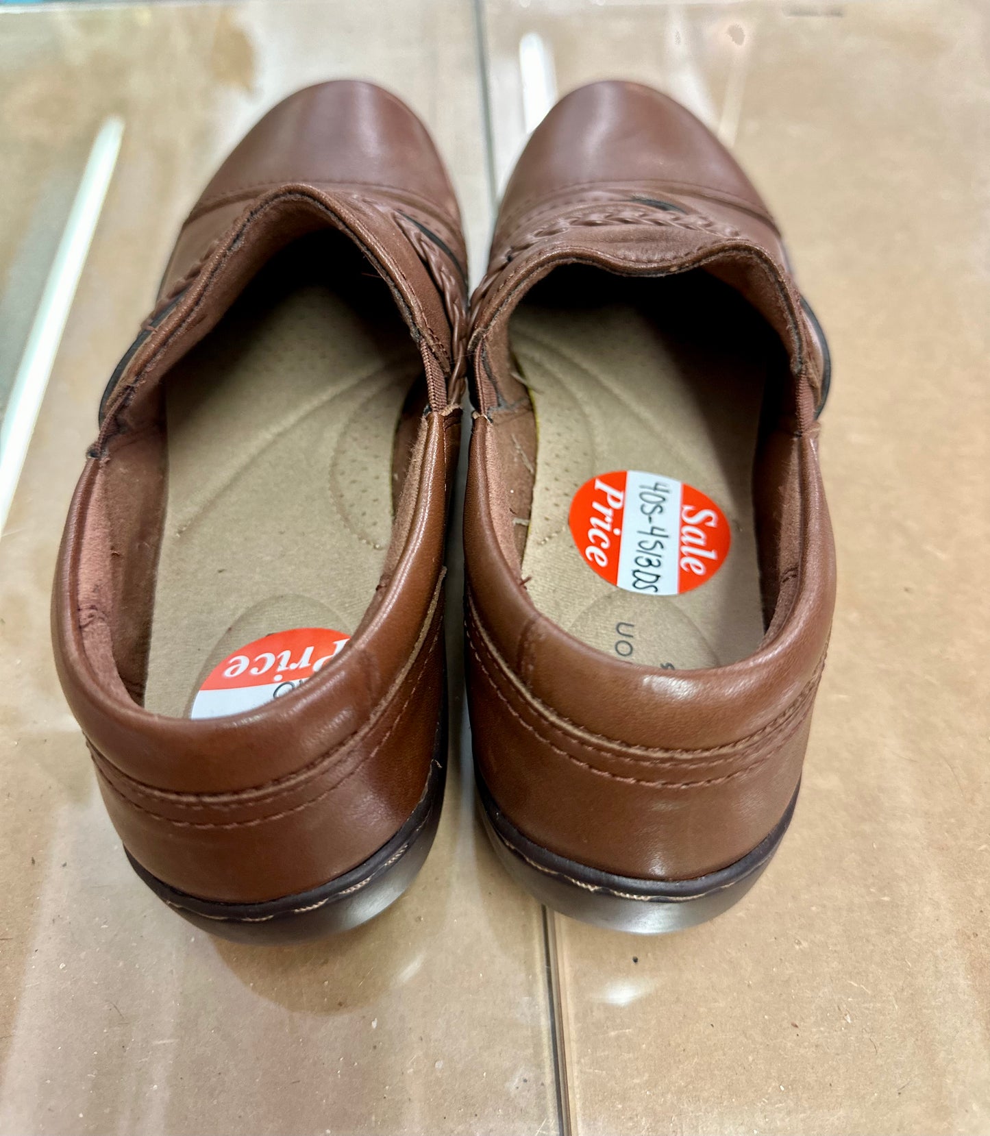 Clarks Collection Leather Slip-Ons Cora Braid Dark Tan Shoes EUC