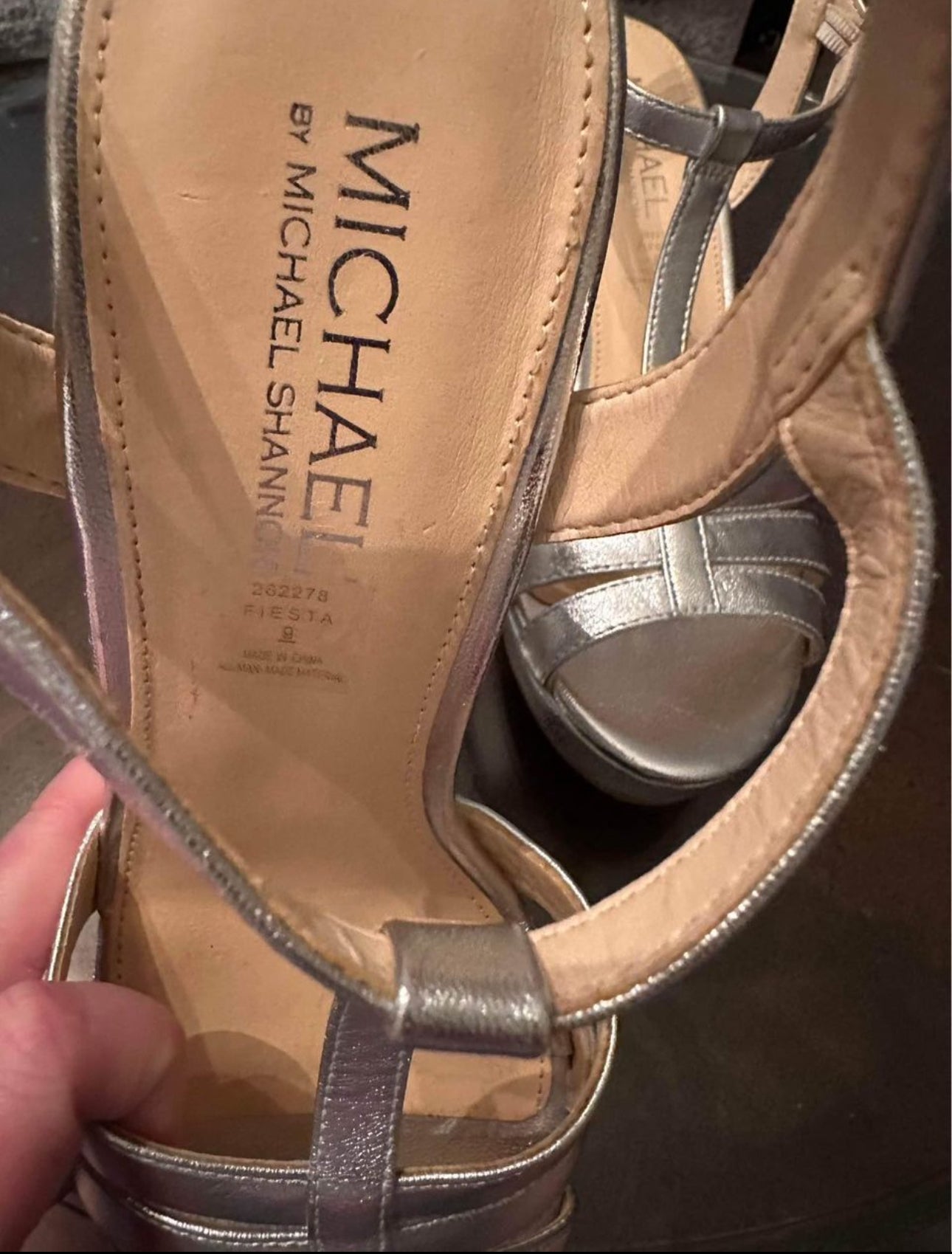 Michael Shannon Metallic Silver Platform Wedge Sandals. T Strap.  size 9.  Like New!