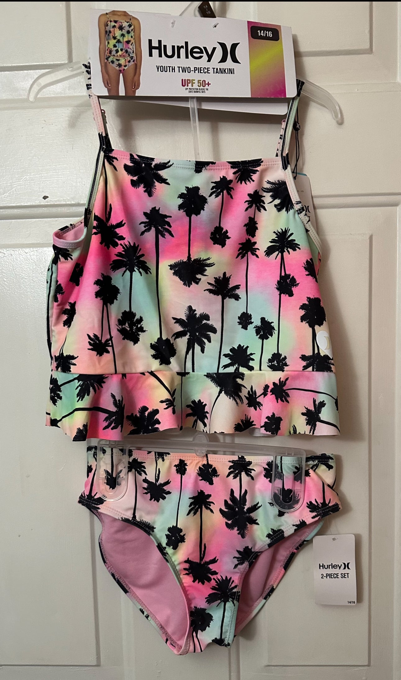 NEW Hurley Girl's UPF 50+ Palm Tree Rainbow Tankini Swimsuit Set Size 14/16