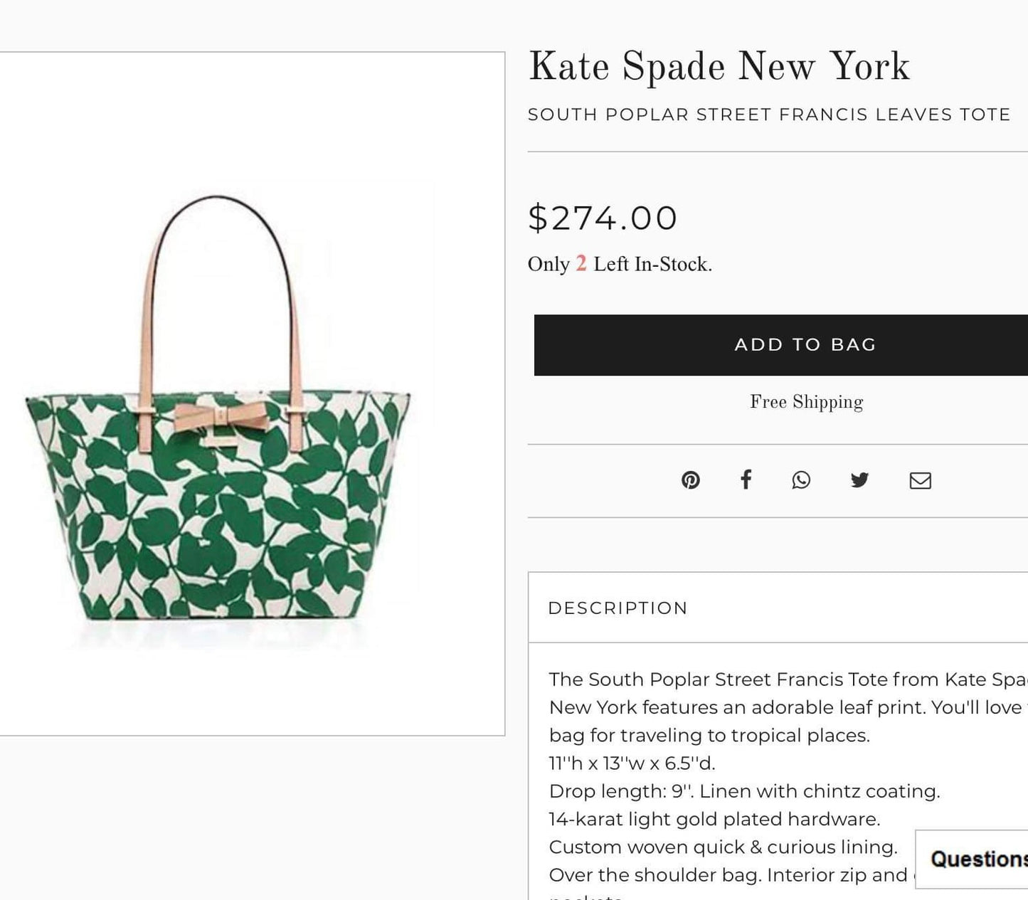 Kate Spade New York-Shoulder Bag-South Poplar Street Francis Green Leaves EUC
