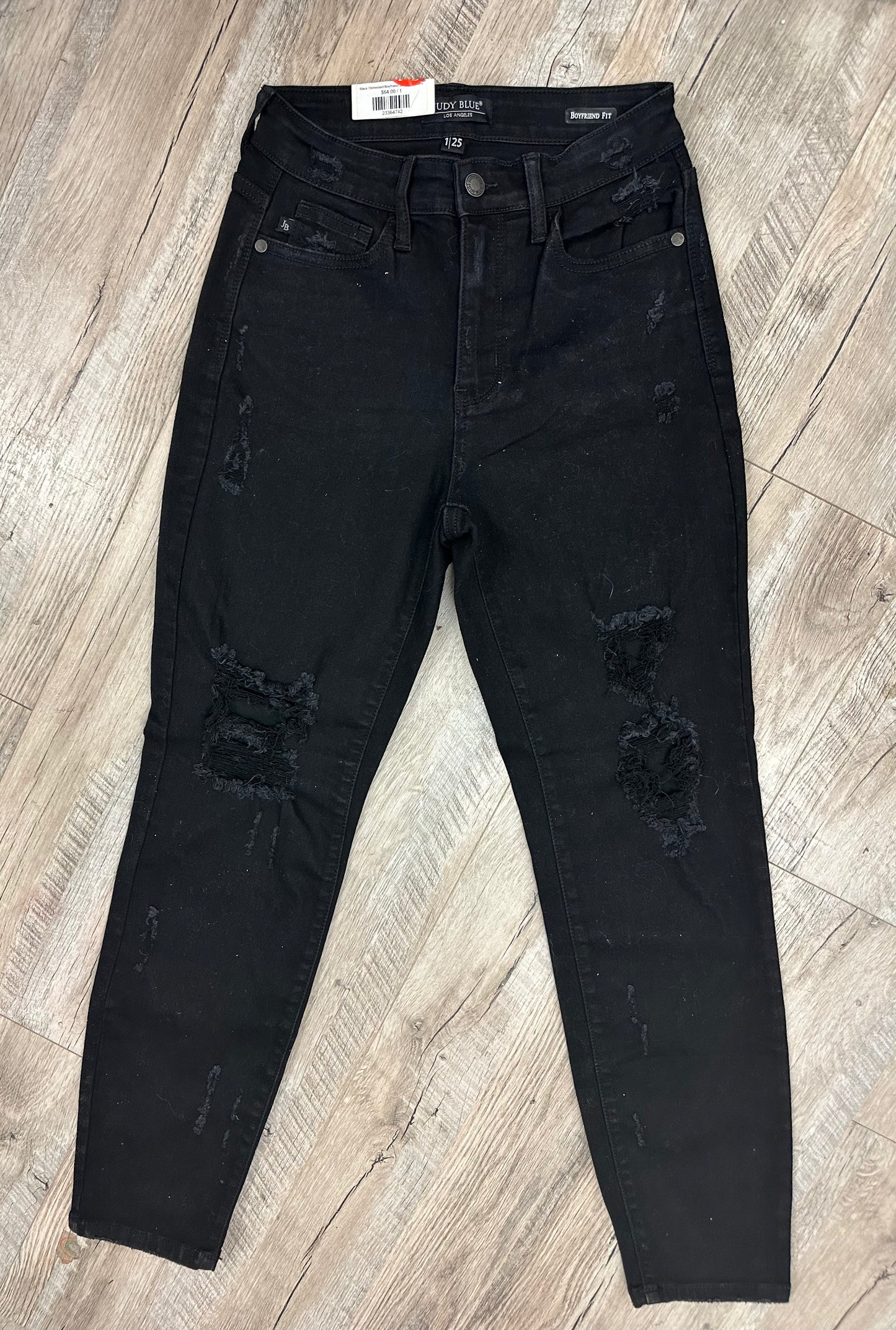 NWT Judy Blue Size 1 (25) Black Distressed Denim Jeans Boyfriend Fit