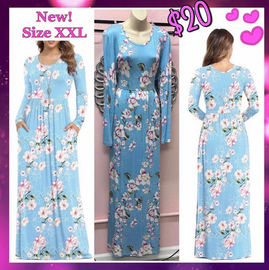 Beautiful NWOT Blue Pink Floral Maxi Dress, long sleeve Pockets size XXL