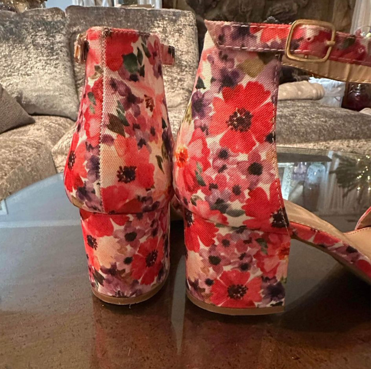 Super Cute Serra Size 8.5. Floral Multicolor Block Low Heels with Ankle strap.