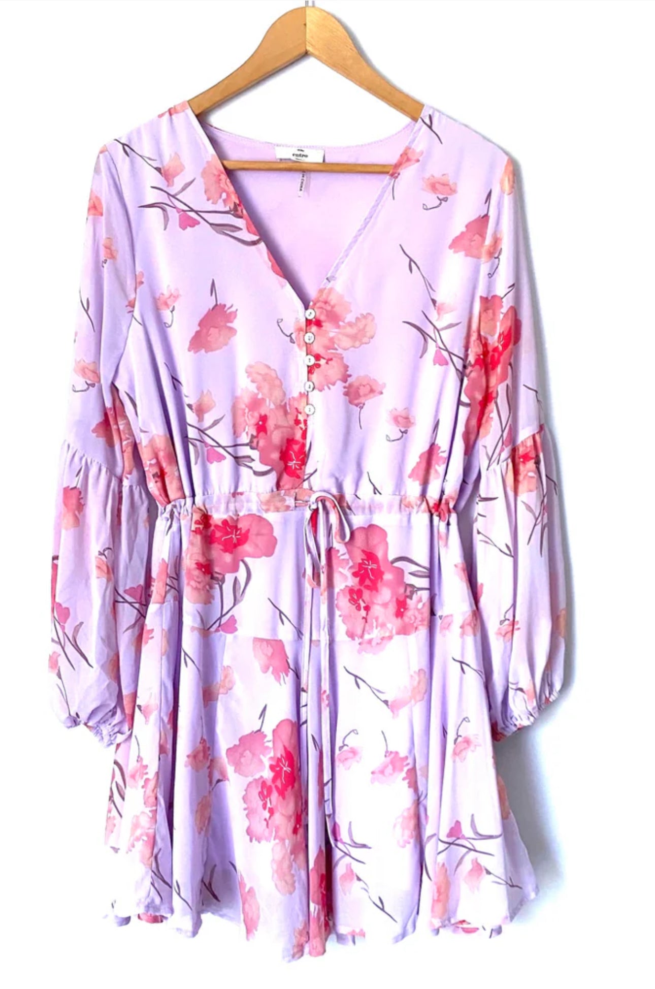 LuLu’s Entro Women Long Balloon Sleeve Lavender Floral V-neck Dress Size Medium