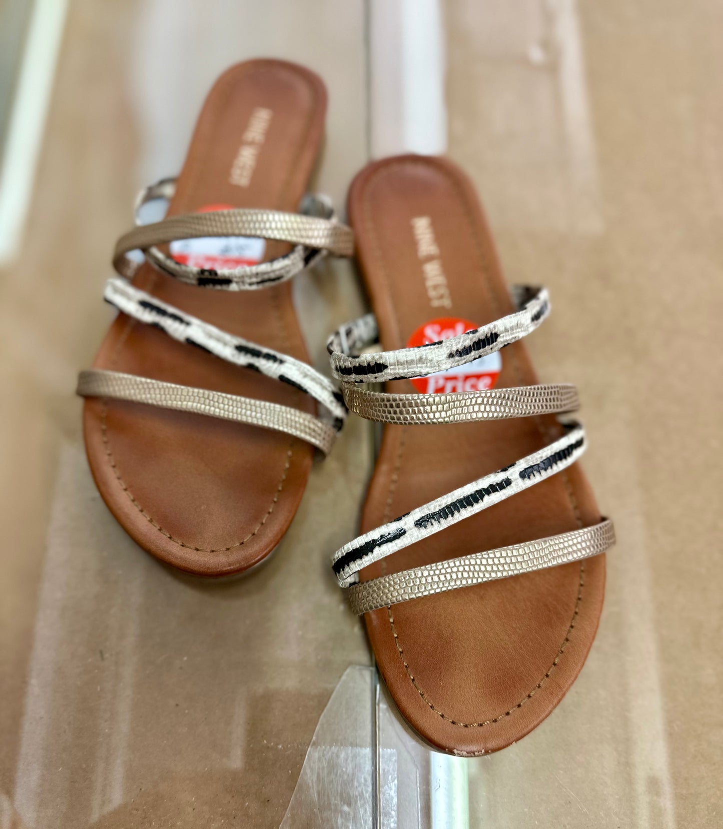 Nine West Strappy Gold Black Ivory Snakeskin Slide Sandals- 8M