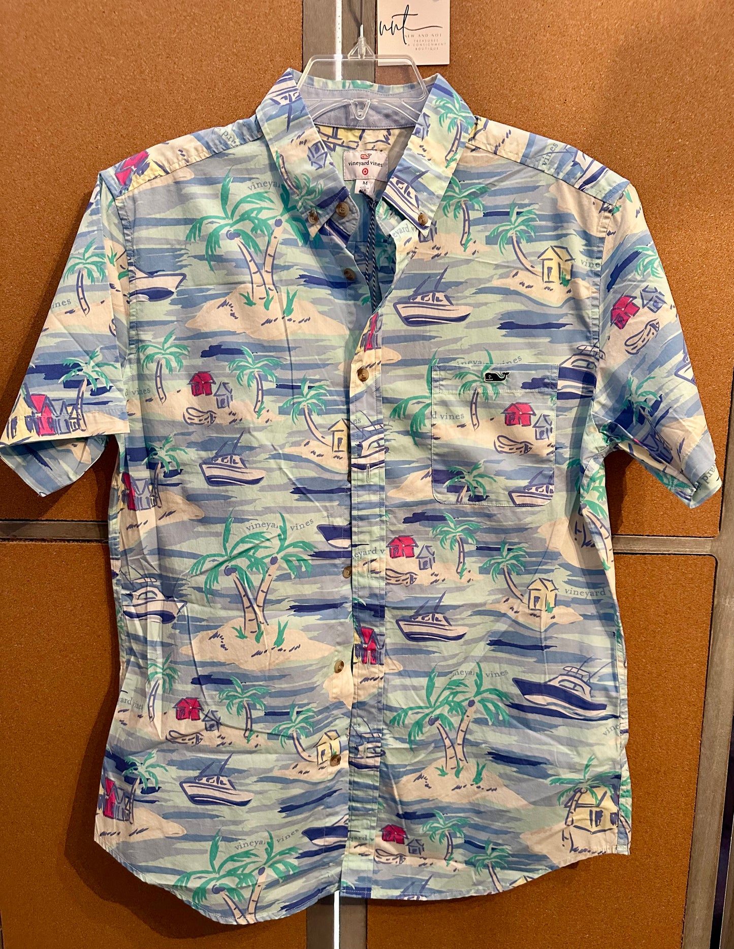 Vineyard Vines x Target Hawaiian Boat Palm Hut Island Ocean Blue Mens Shirt Med