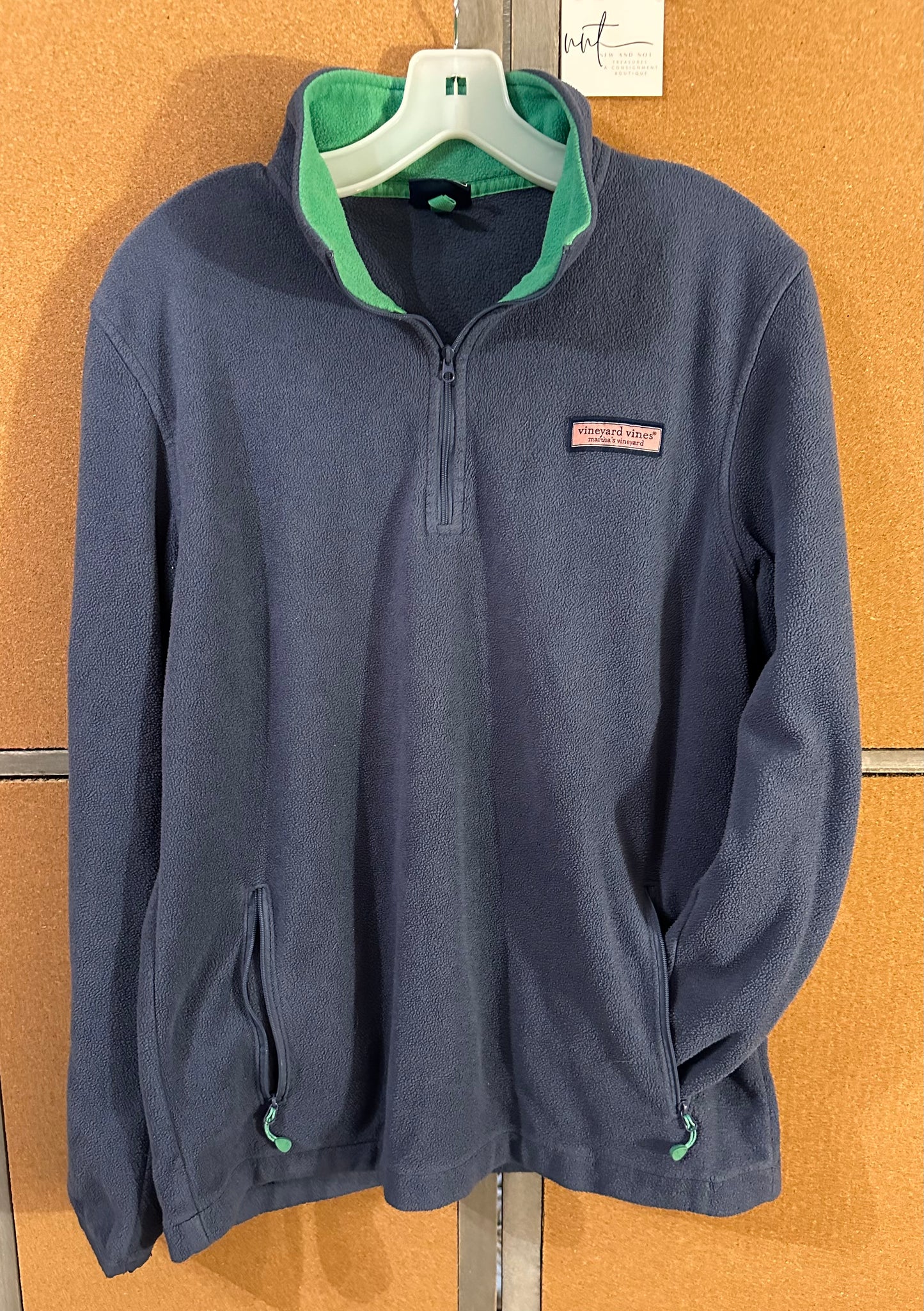 Vineyard Vines Men’s Size Medium Blue Fleece Quarter Zip Pullover Green Trim