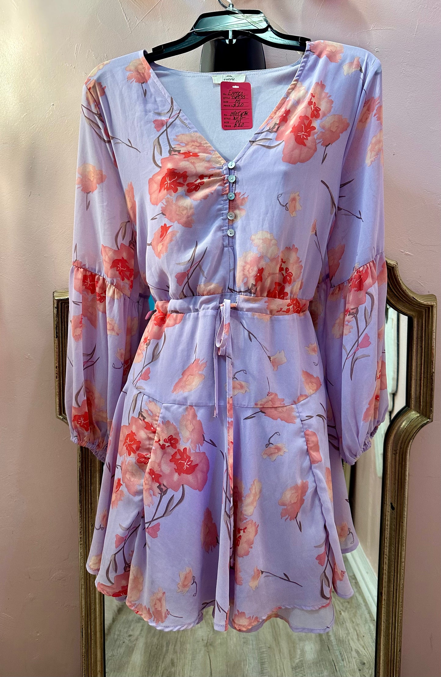 LuLu’s Entro Women Long Balloon Sleeve Lavender Floral V-neck Dress Size Medium