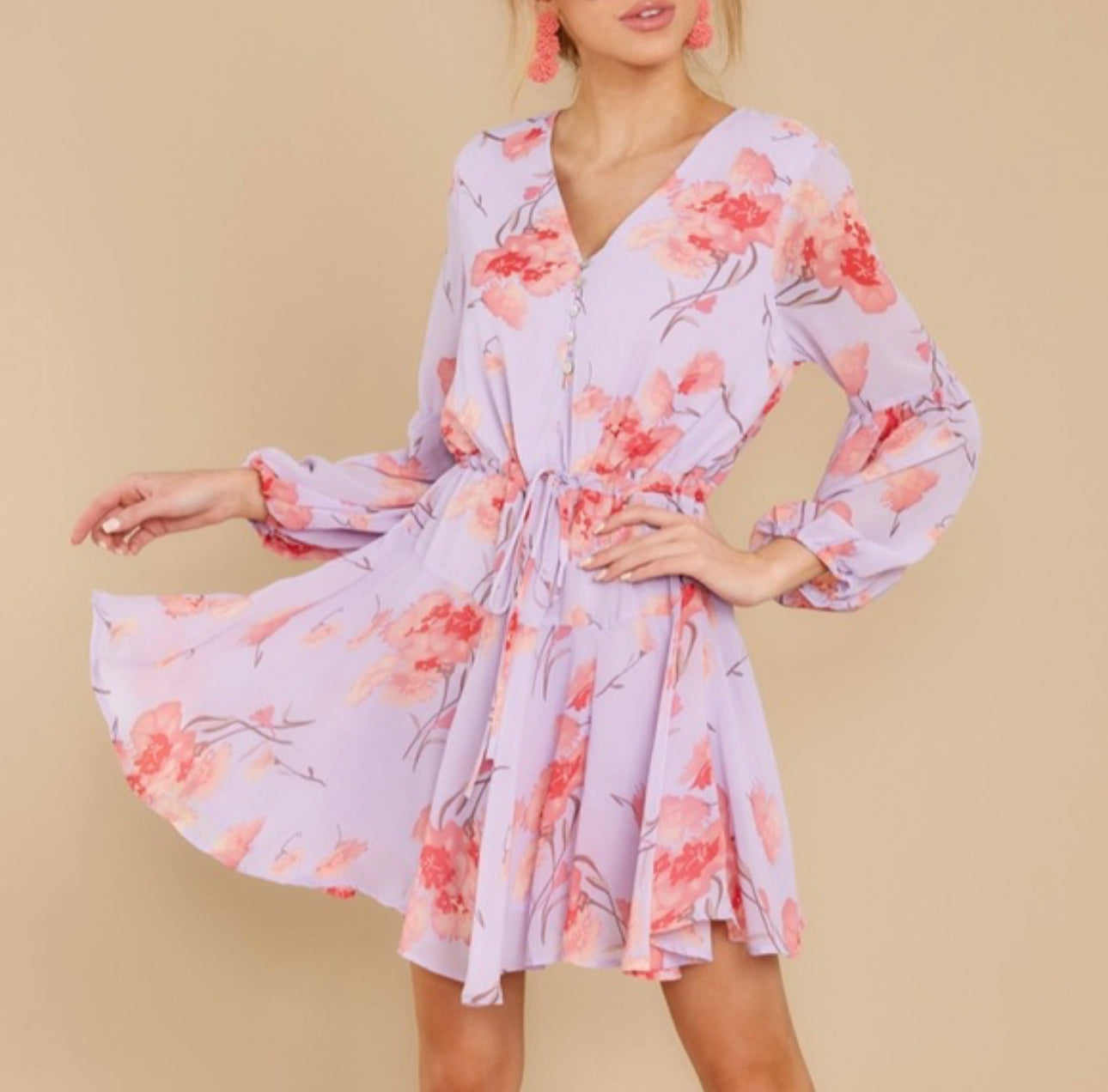 LuLu’s Entro Women Long Balloon Sleeve Lavender Floral V-neck Dress Size Medium