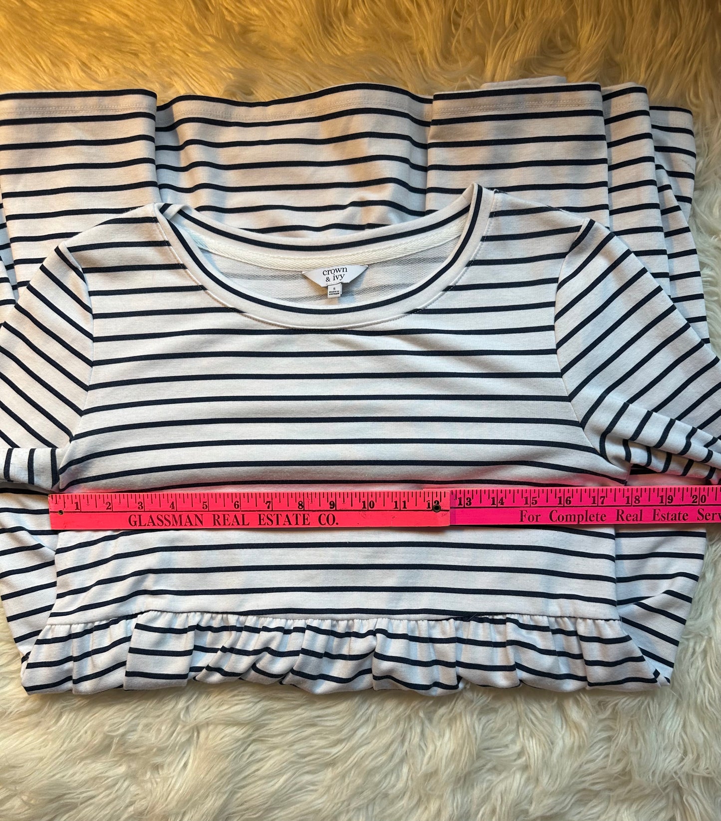 Belk Crown & Ivy Navy Blue White Striped 3/4 Sleeve Tiered Dress Size Small