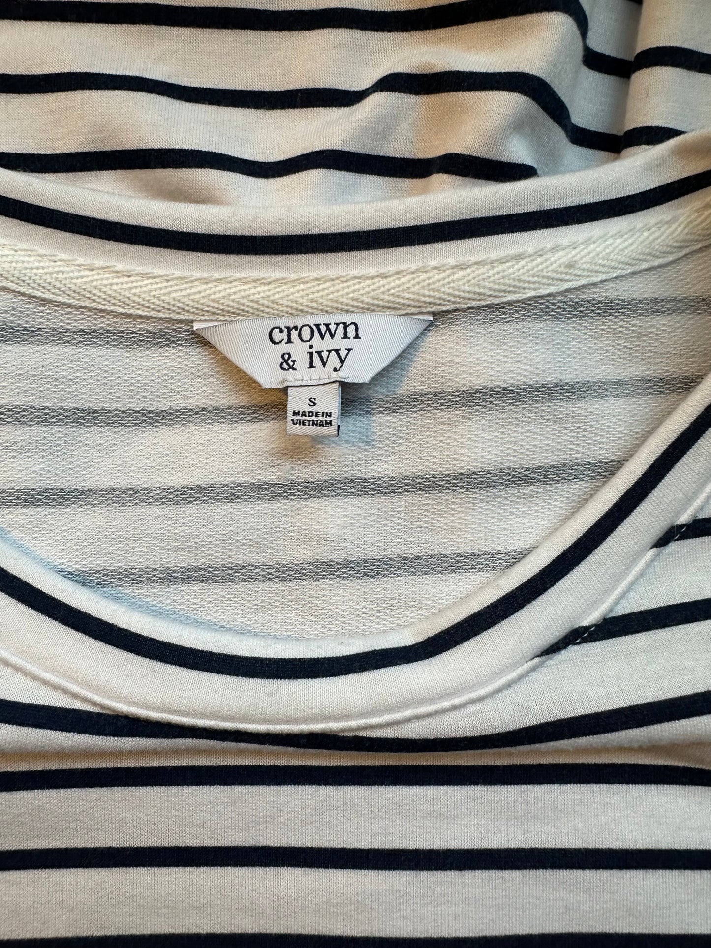 Belk Crown & Ivy Navy Blue White Striped 3/4 Sleeve Tiered Dress Size Small