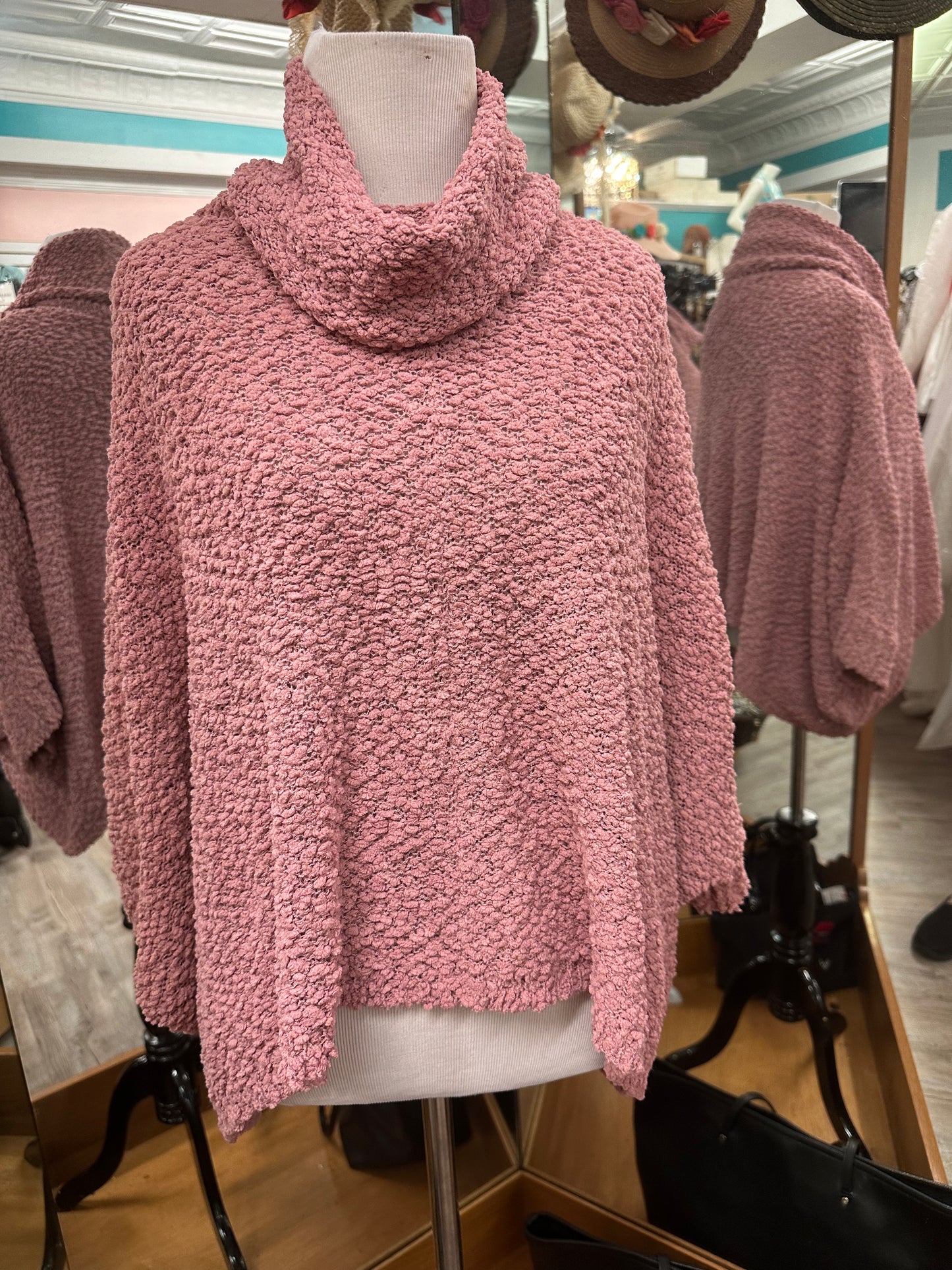 Generation K, Soft Cowl Neck Poncho Popcorn Sweater Pink. Small (oversized).