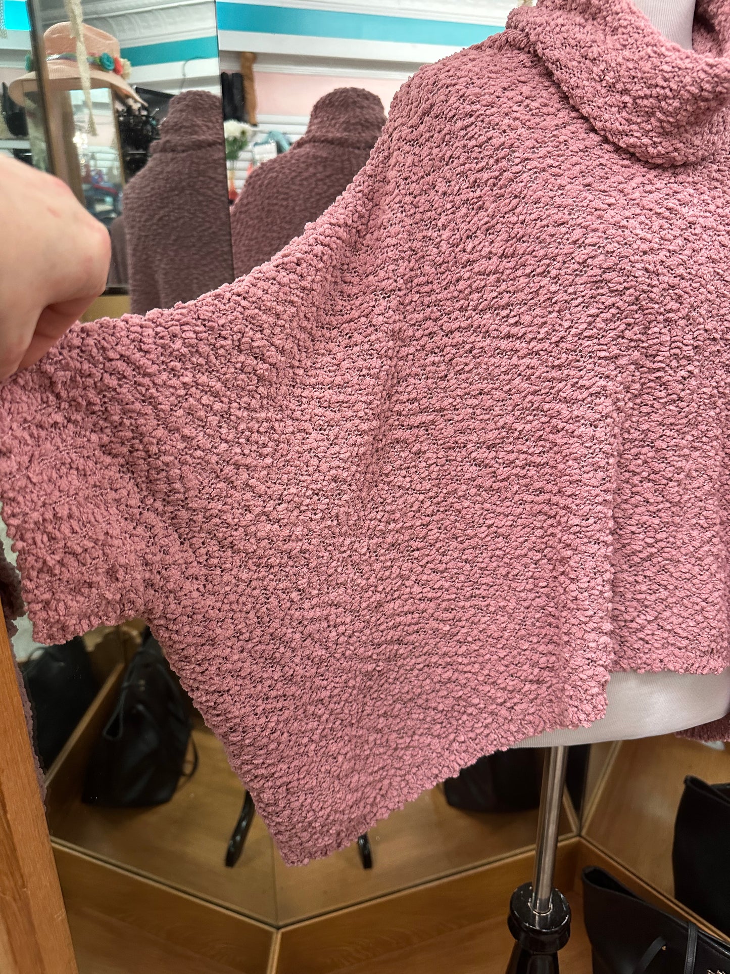 Generation K, Soft Cowl Neck Poncho Popcorn Sweater Pink. Small (oversized).