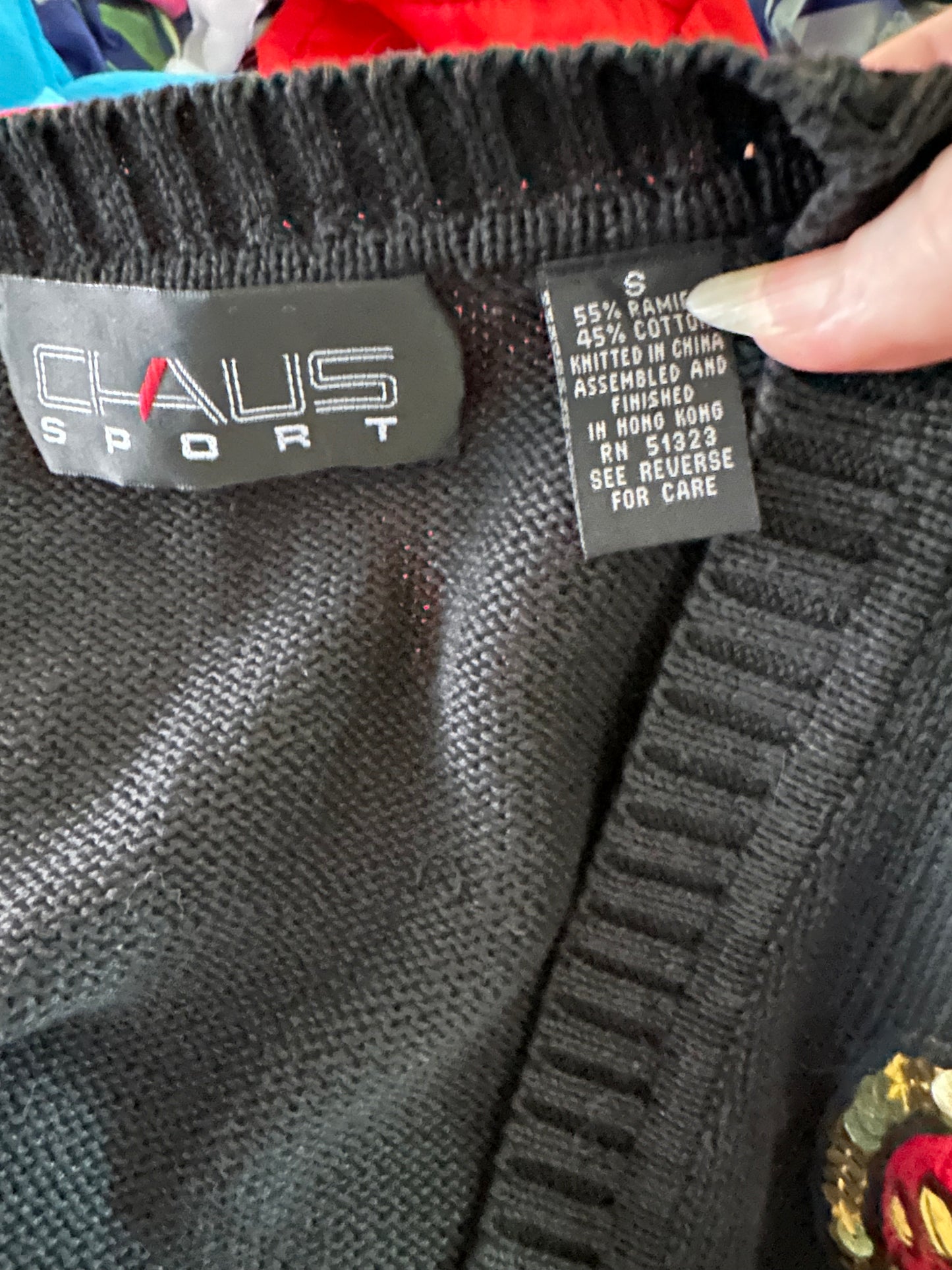 Vintage 80 90s Chaus Sport Black Abstract Art Clock Cardigan Oversized Small