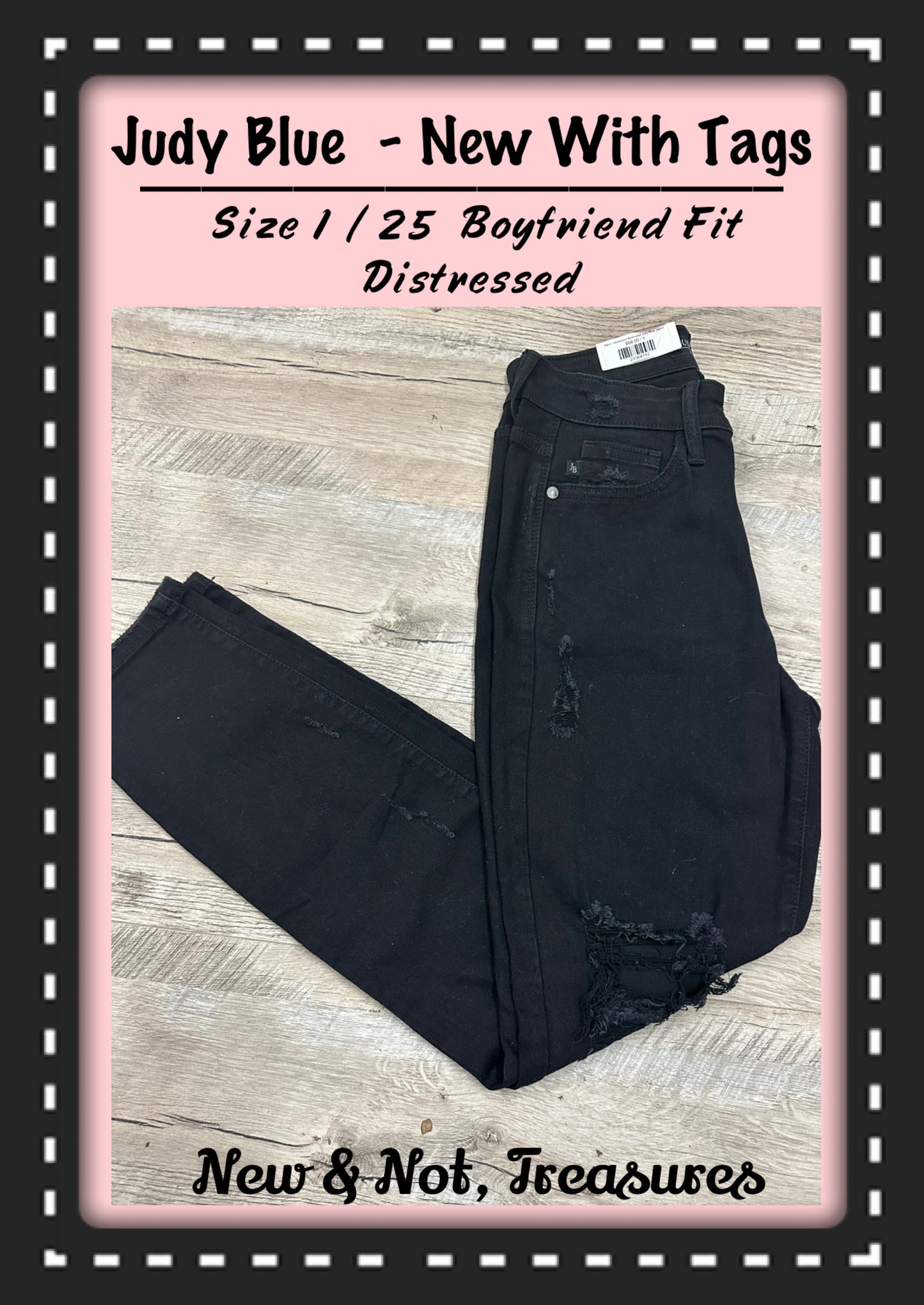 NWT Judy Blue Size 1 (25) Black Distressed Denim Jeans Boyfriend Fit