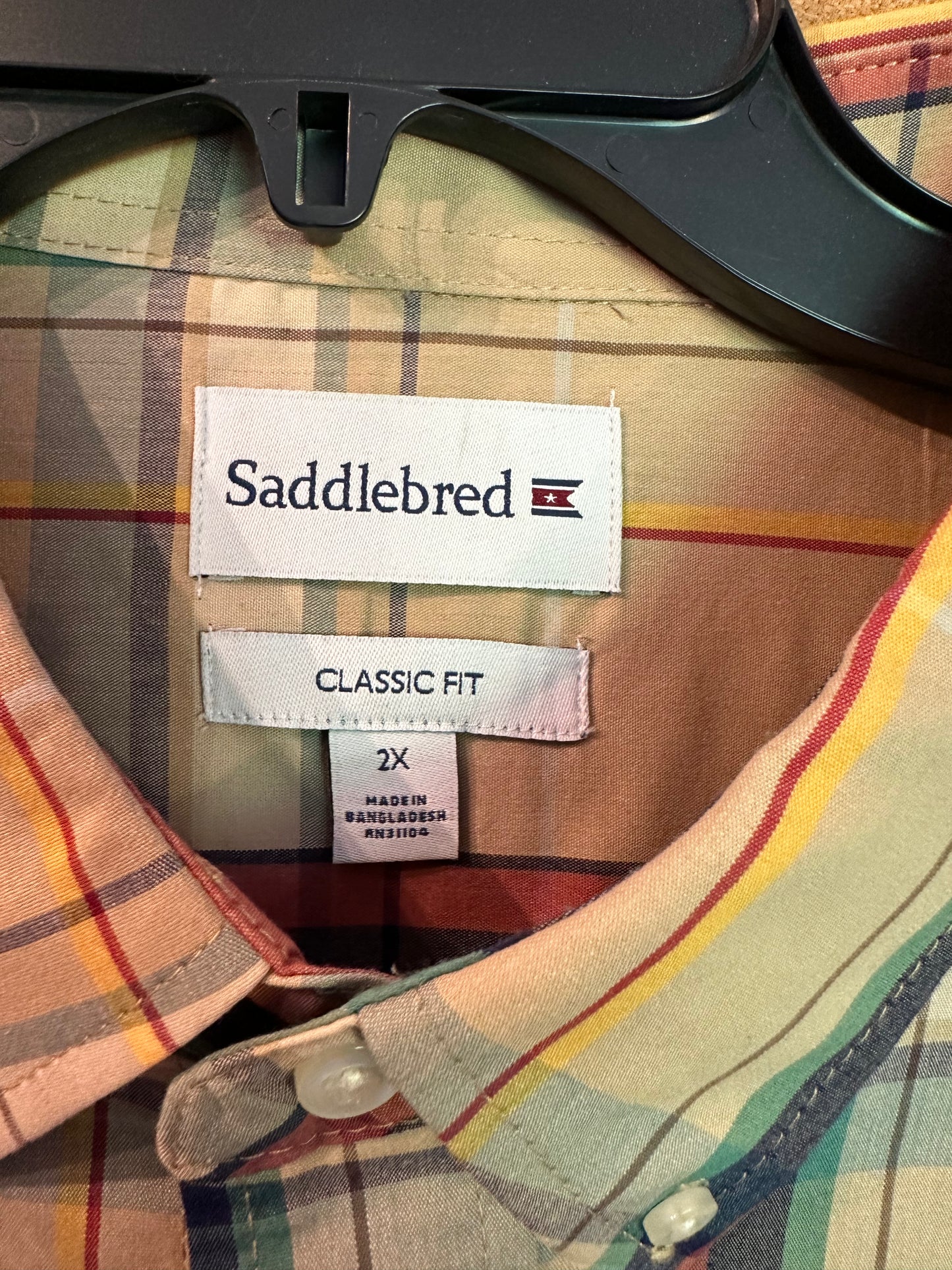 Saddlebred Men’s 2X Plaid Button-Down Shirt Classic Fit Long Sleeve Tan Burgundy