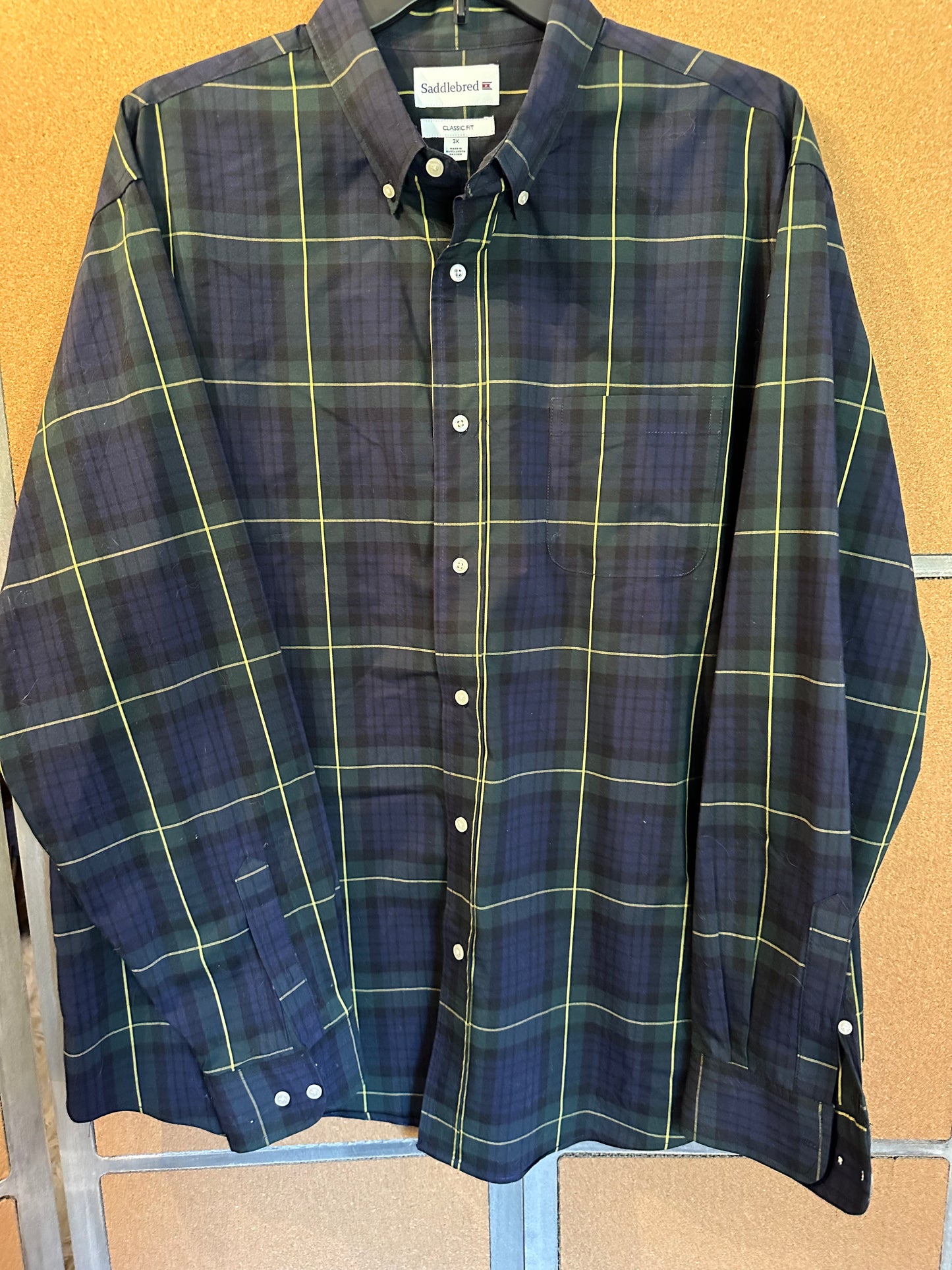 Saddlebred Men's Long Sleeve Button Down Shirt Blue Green Plaid Collar Size 2X
