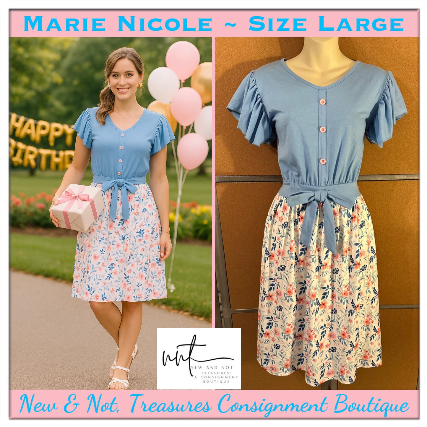 Marie Nicole Blue White Floral Tie-Waist Dress with Flutter Sleeves – Large