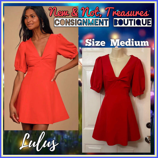 Lulus Red Short Mini Puff 1/2 Sleeve Skater Dress V neck size medium