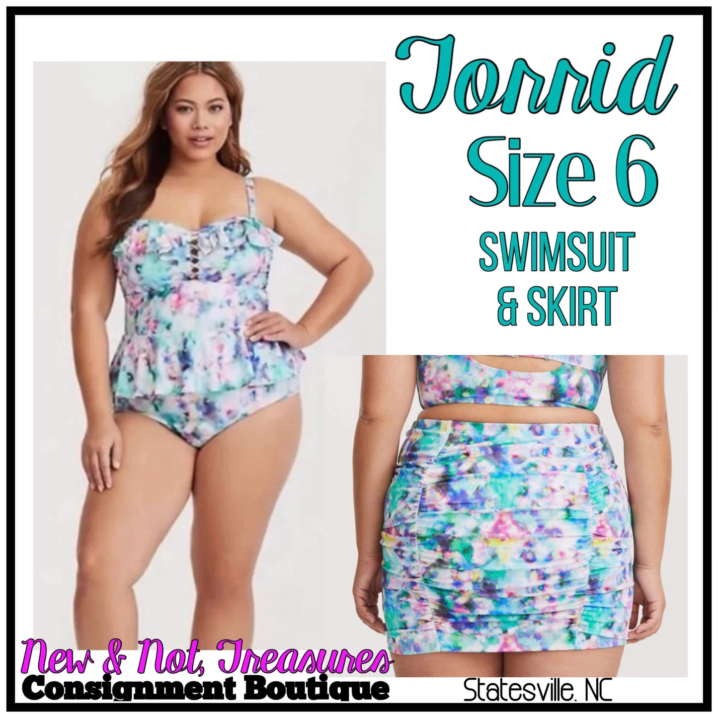Torrid Watercolor One Piece Ruffled Swim Suit & Matching Ruched Skirt. Size 6