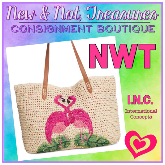 NWT Inc International Concepts Flamingo Straw Tote Beach Bag Large Natural Bag