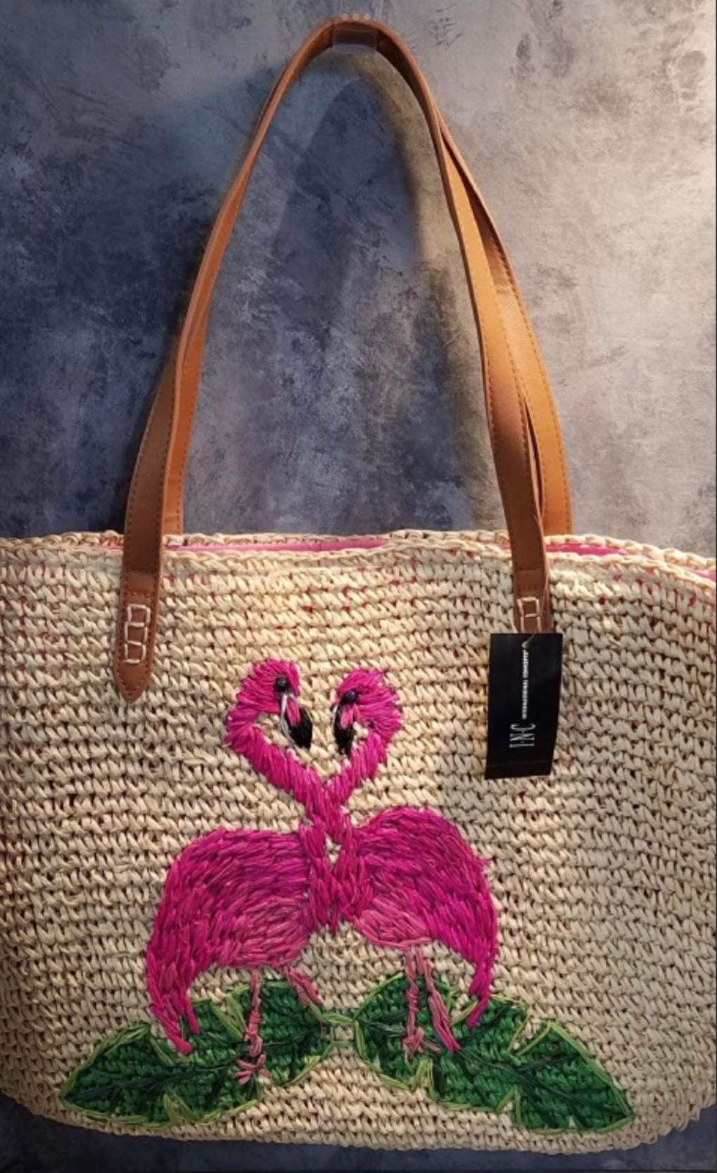 NWT Inc International Concepts Flamingo Straw Tote Beach Bag Large Natural Bag