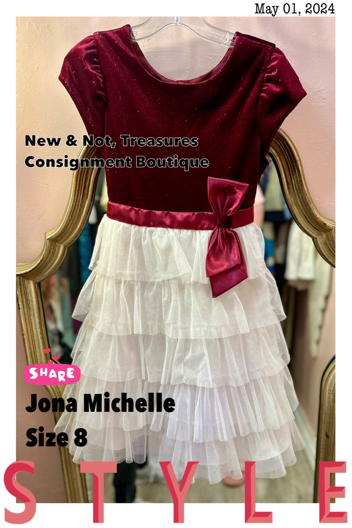Jona Michelle Girls Dress Short Sleeve White & Red Velvet Holiday Dress Size 8