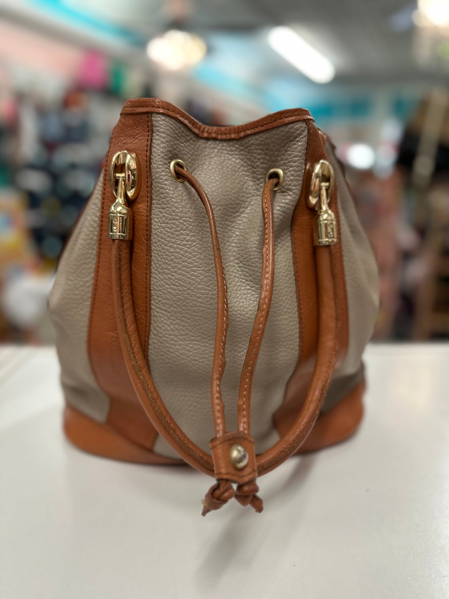 Valentina Carrano Tan/Cognac Leather Drawstring Bucket Bag
