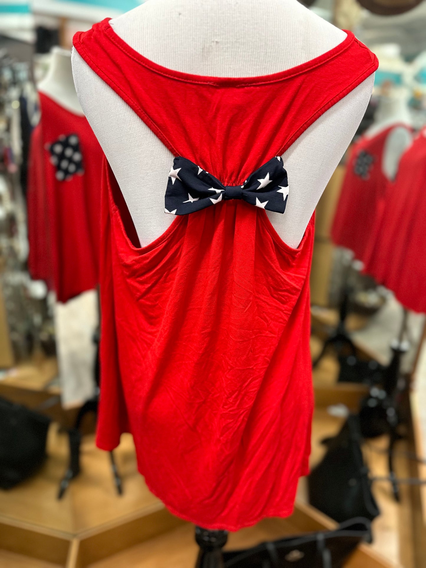 Heimish Red White and Blue Tank with Bow in Back in L