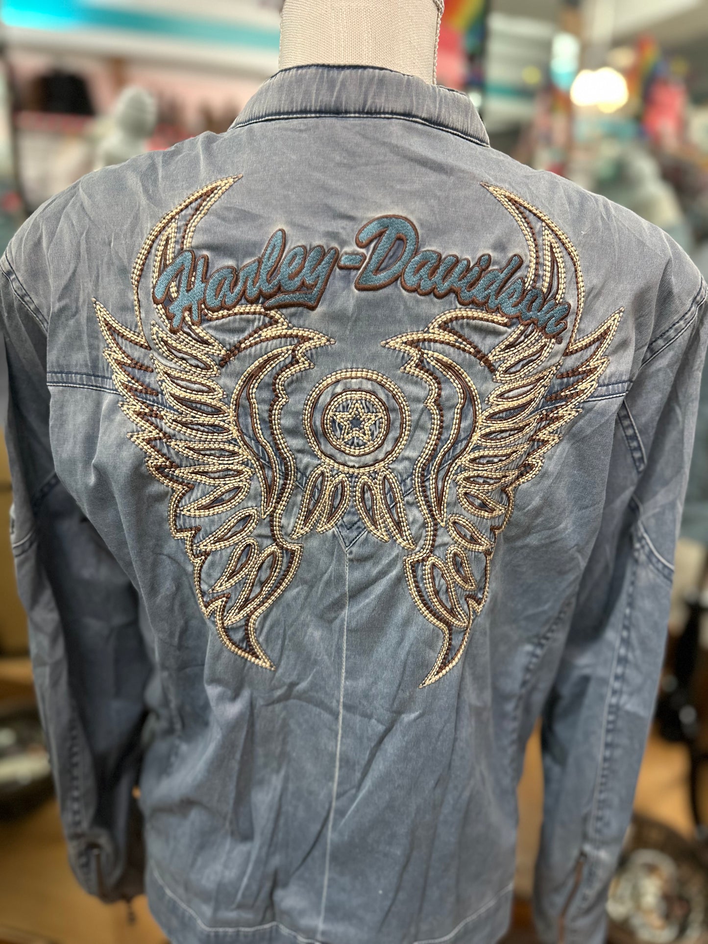Harley Davidson Blue Embroidered Wings Jacket in XL