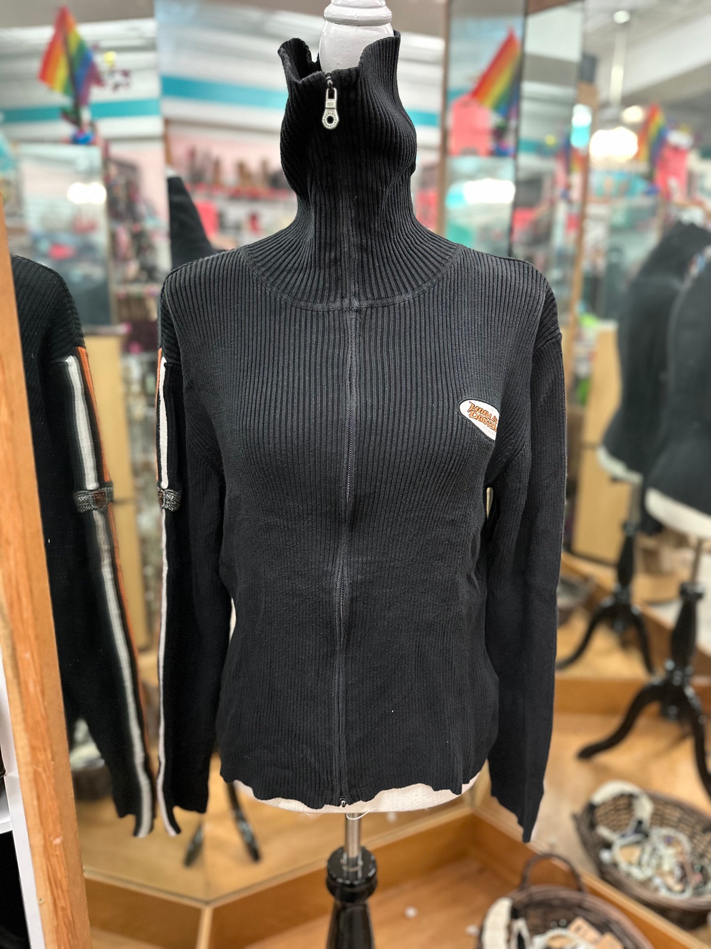 Harley Davidson Black Ribbed Zip Up Turtleneck Sweater inX L