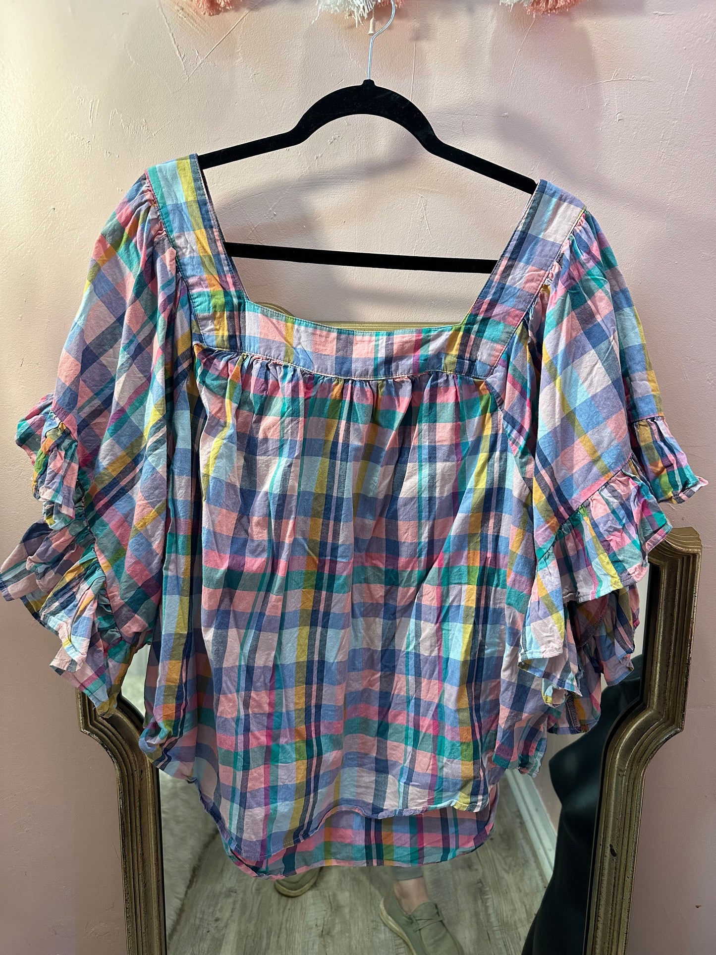 Terra Sky Plaid Flutter Sleeve Top in 2X