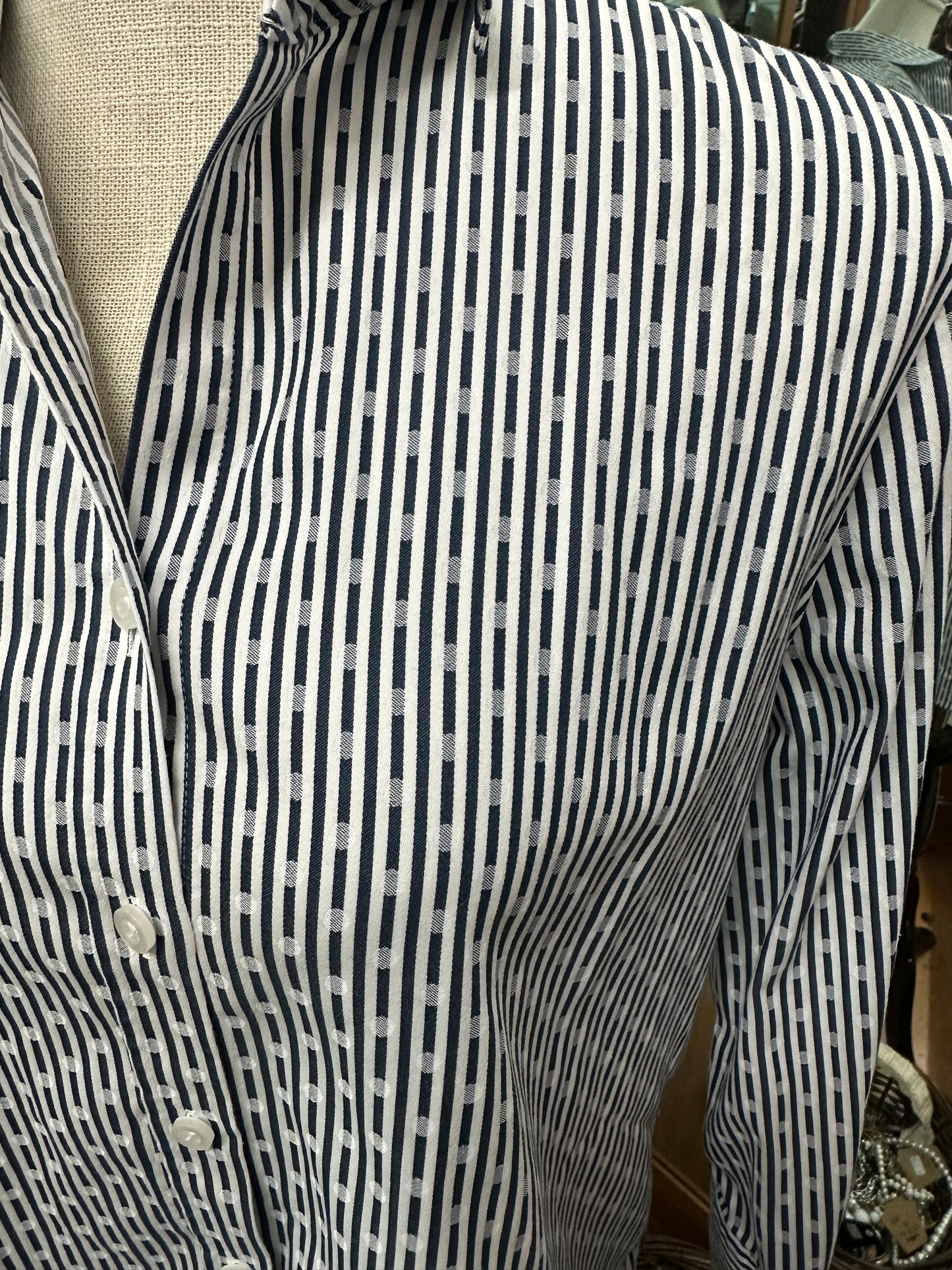 Chicos Navy Striped and Polkadot Pattern Long Sleeve Button Down in 0.5