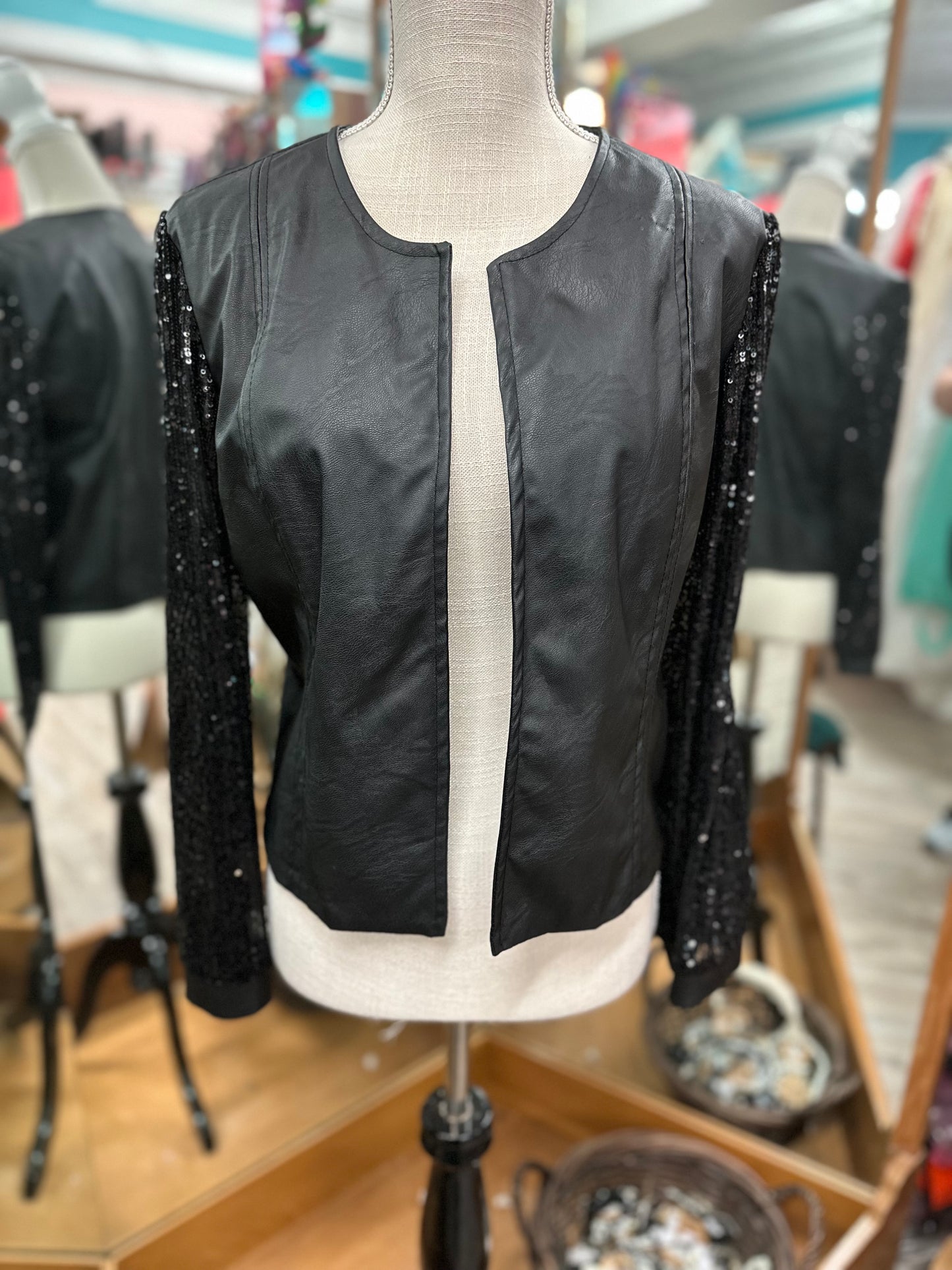 The Porter Collective Leather Jacket with Sequin Sleeves in L