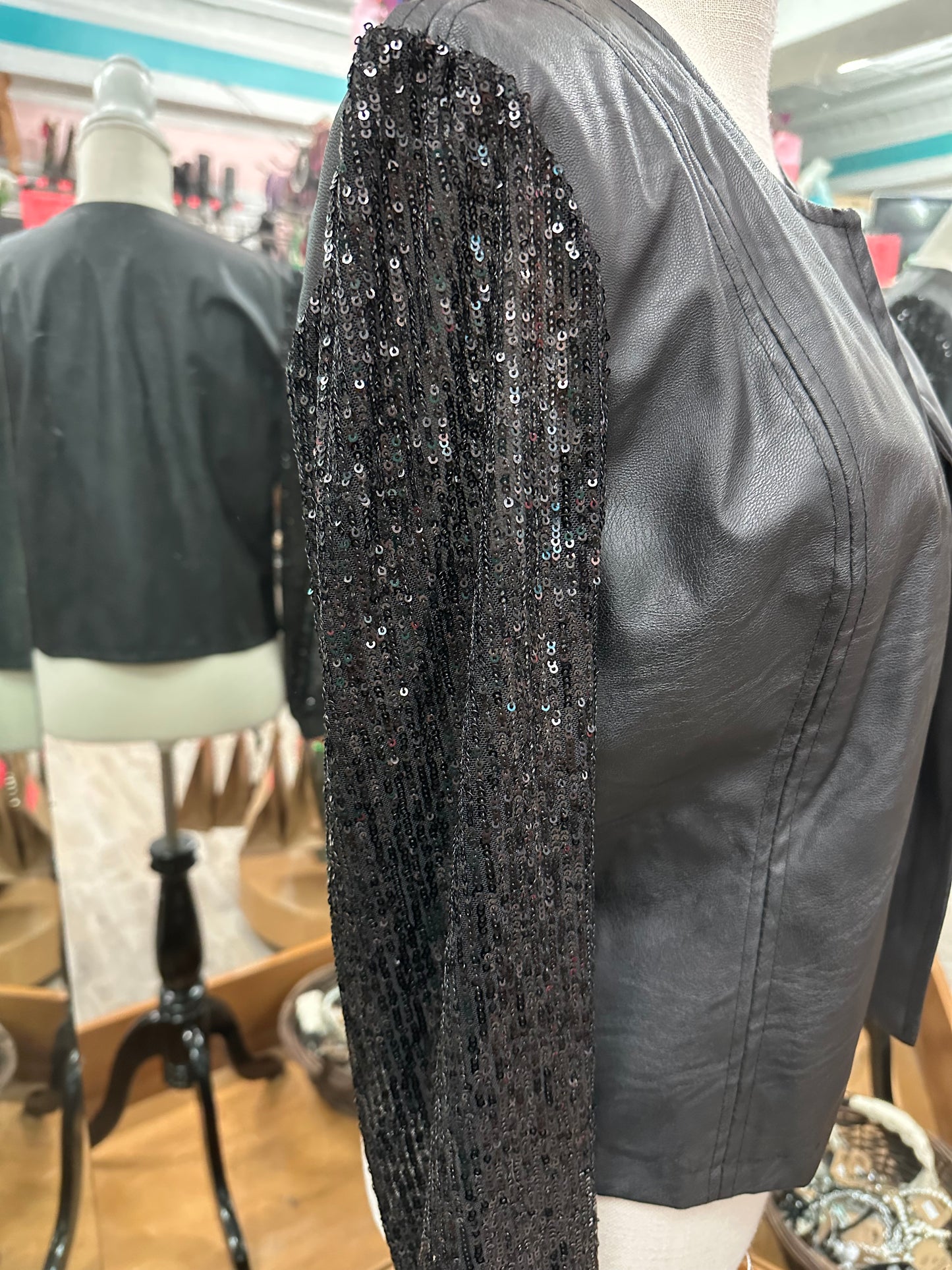 The Porter Collective Leather Jacket with Sequin Sleeves in L