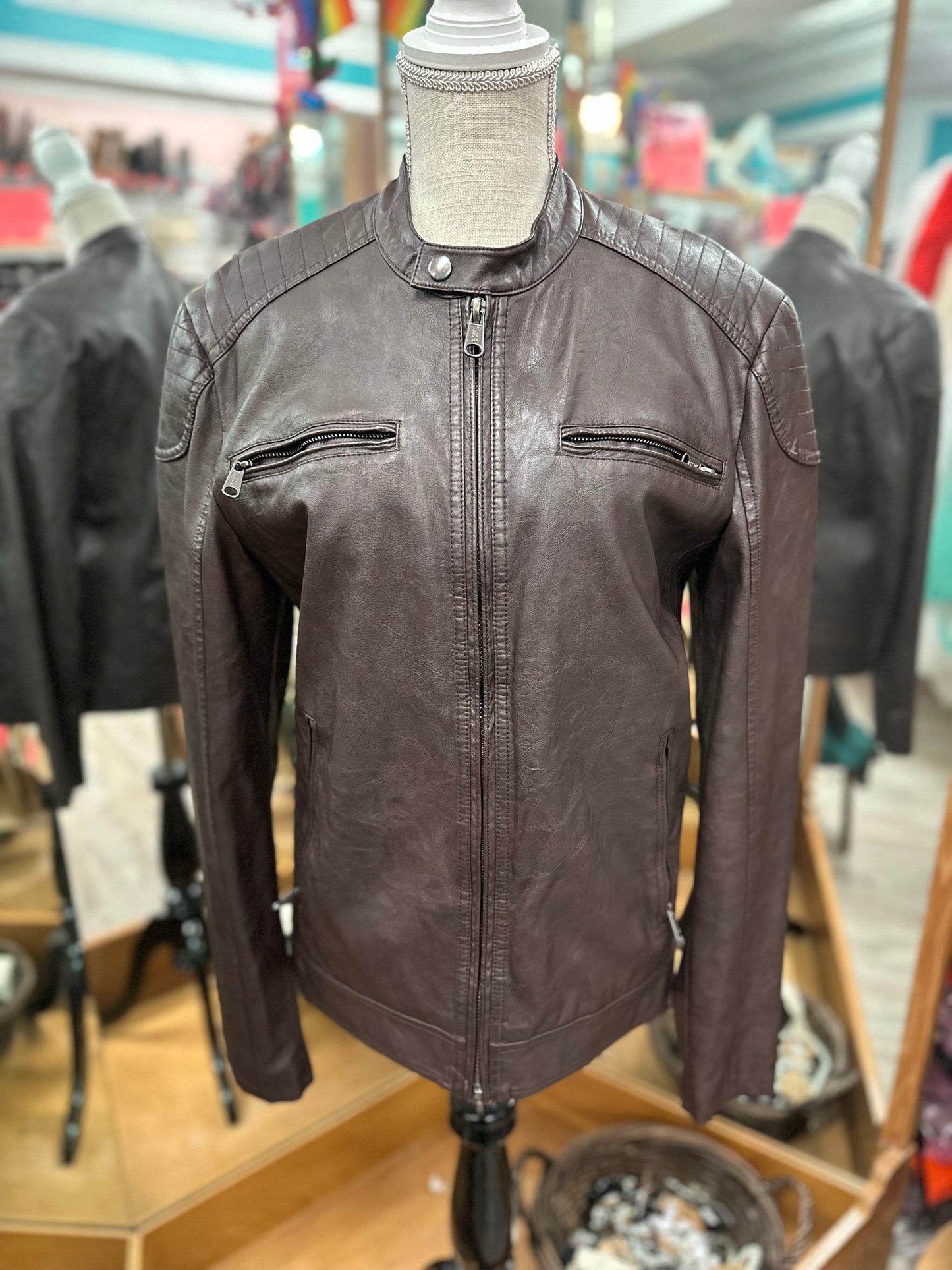 Only & Sons Brown Leather Jacket in S