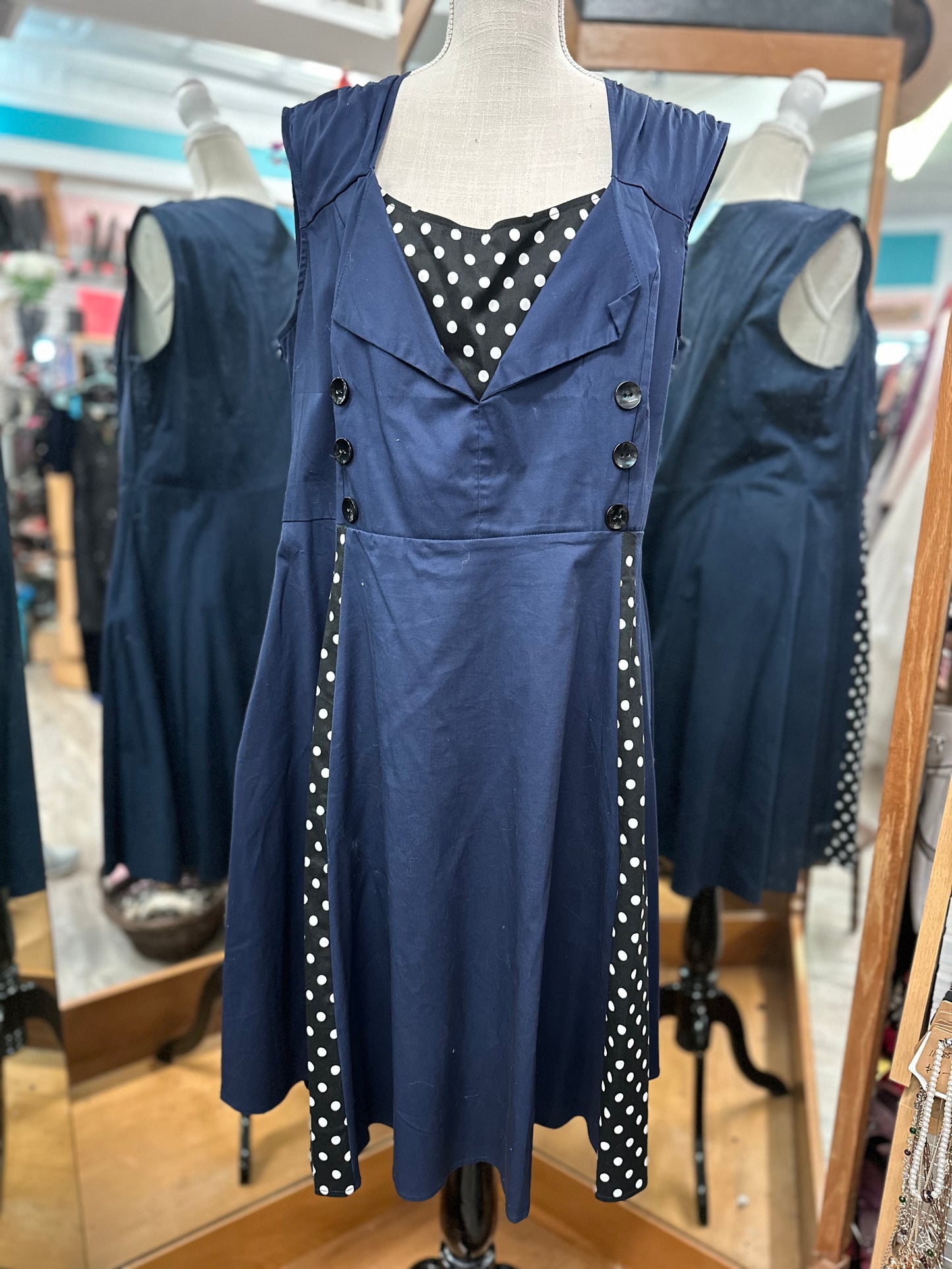 Killreal Navy and Black Polkadot Tank Dress in 2X