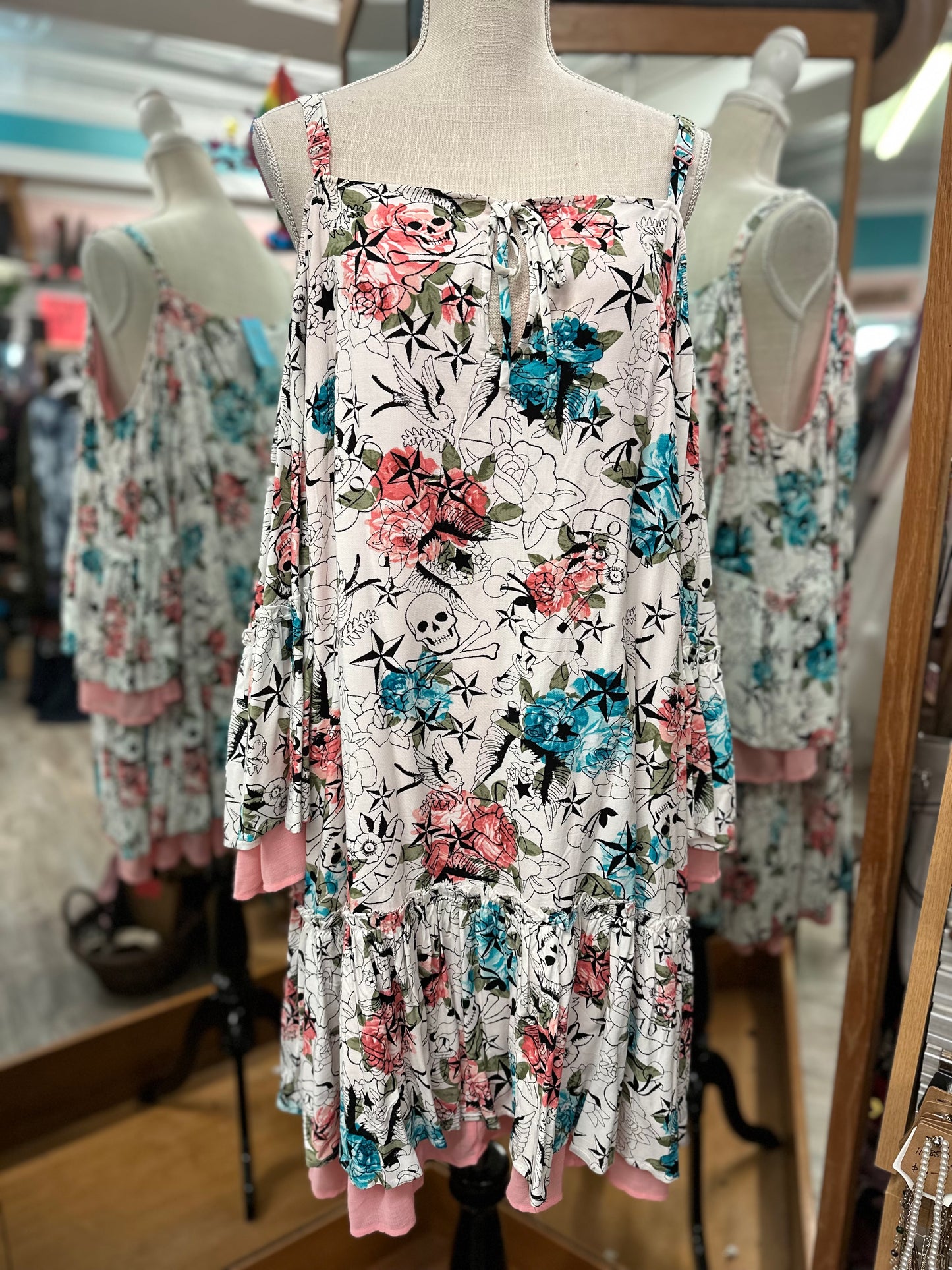 Torrid Betsy Johnson White and Pink Printed Cold Shoulder Dress in 3