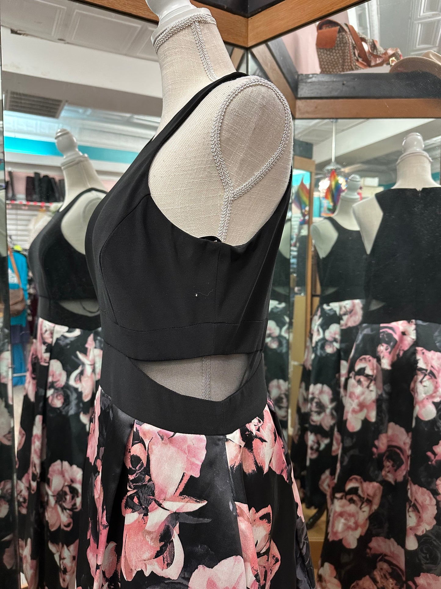 Xscape Black and Pink Floral Hi-Low Gown in 14