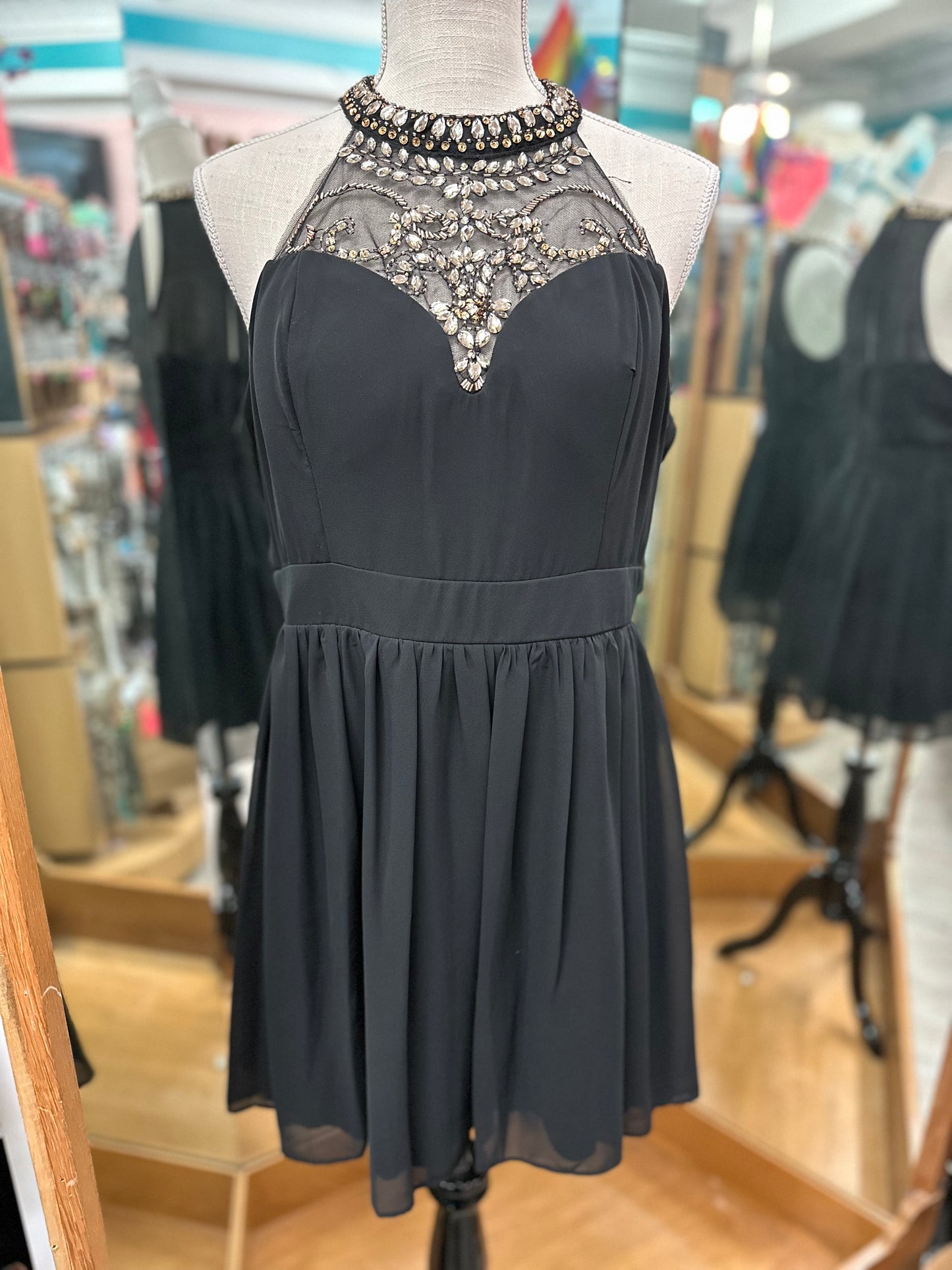 B Darlin Black with Gold Accents Short Formal in 15/16