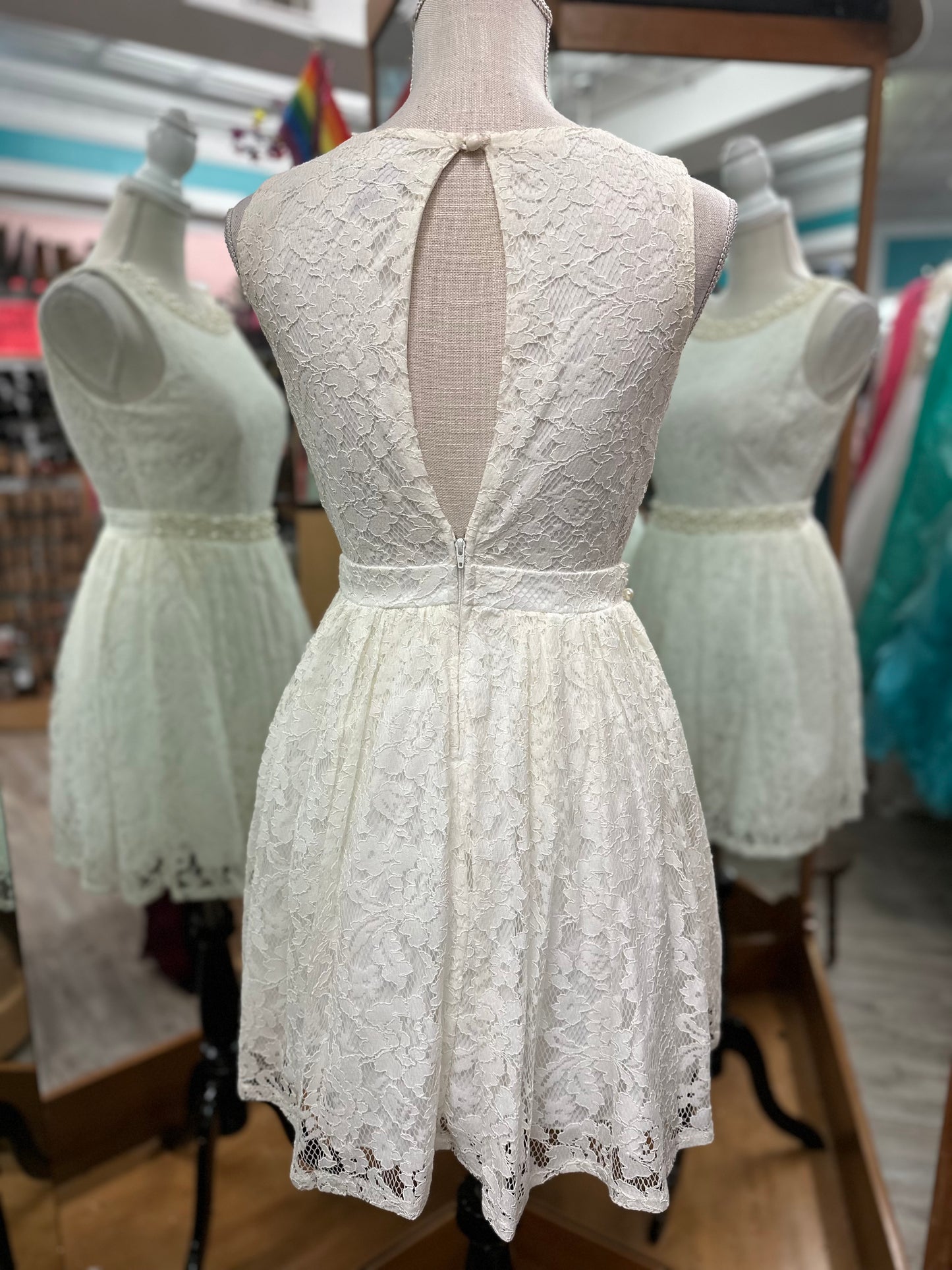 City Triangles White Lace Tank Dress with Pearl Embellishments in 5