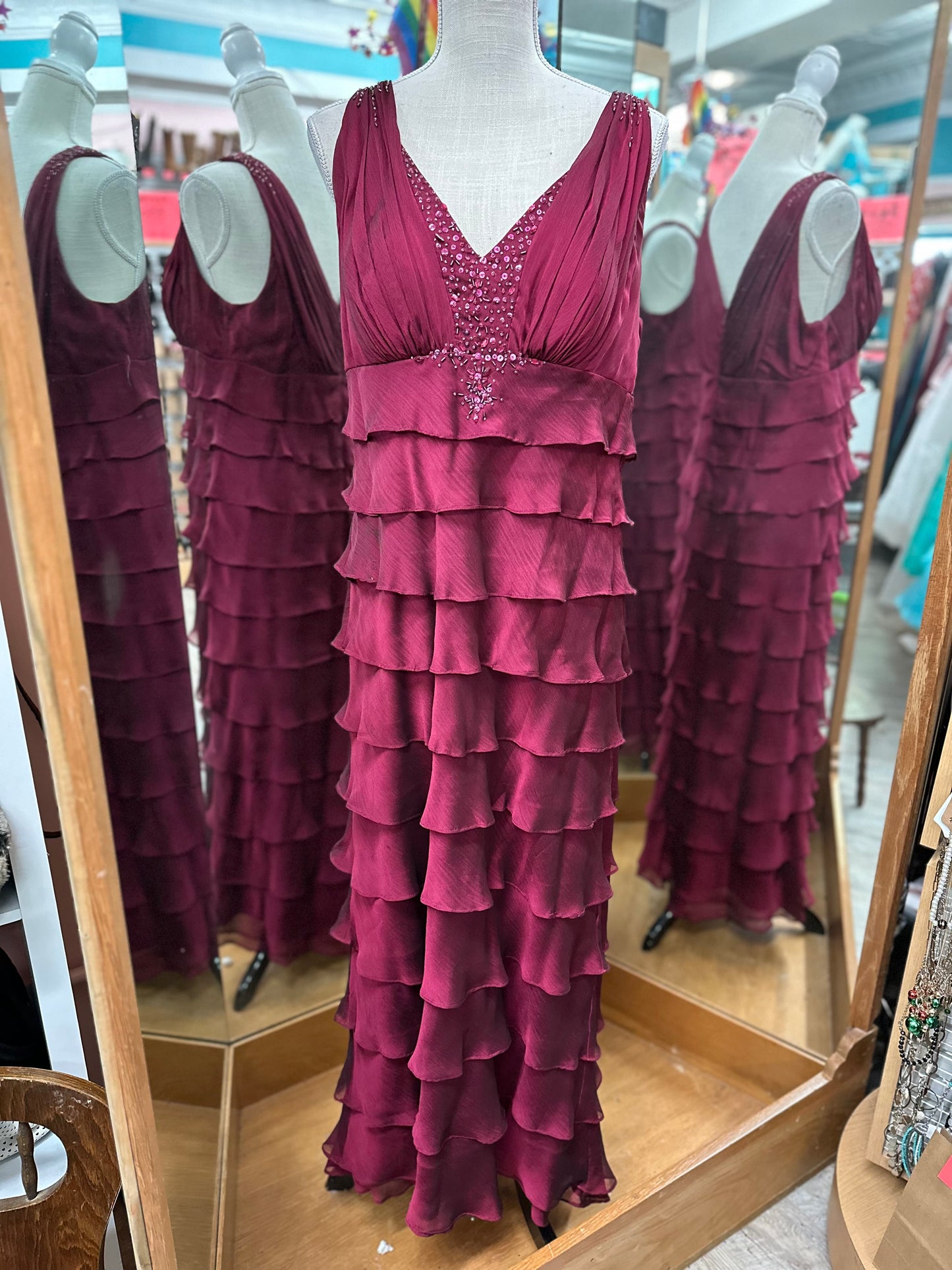 Ignite Evenings Burgundy Tiered Tank Formal Gown with Shawl in 14